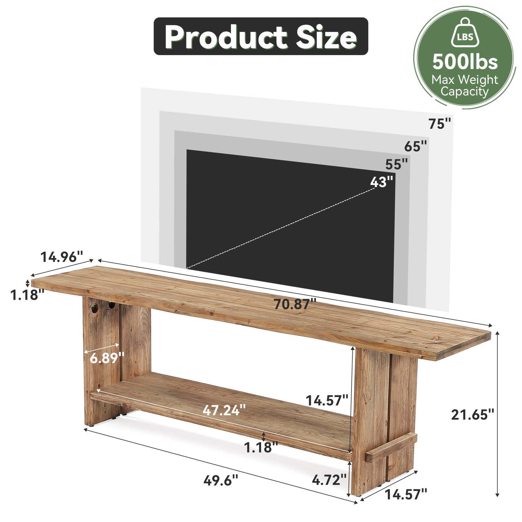 71" Solid Wood TV Stand for 55–85 Inch TVs, Farmhouse Media Console with Storage Shelf, Wooden Entertainment Center