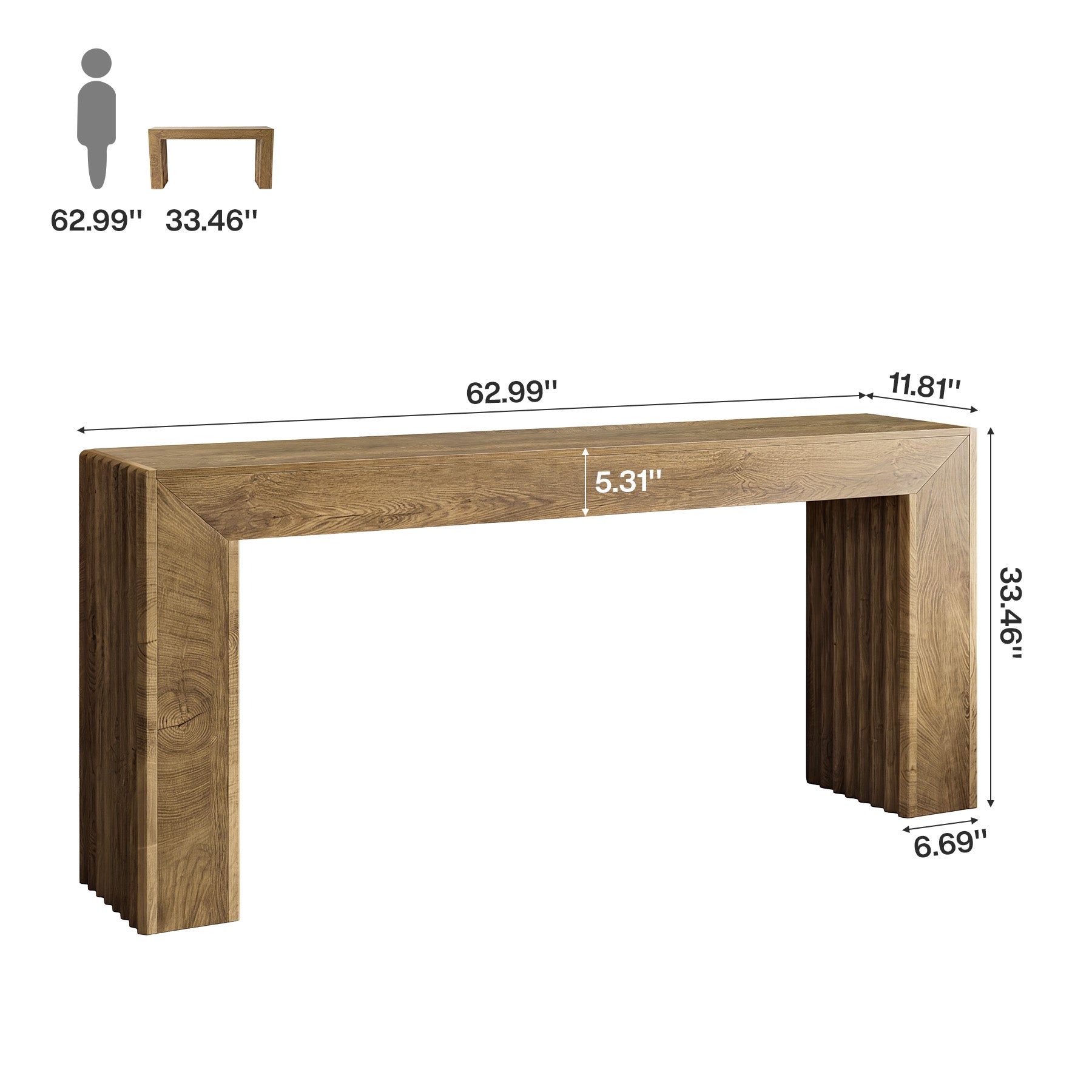 63" Fluted Console Table with Roman Column Legs, Narrow Farmhouse Entryway Sofa Table with Wood-Grain Finish