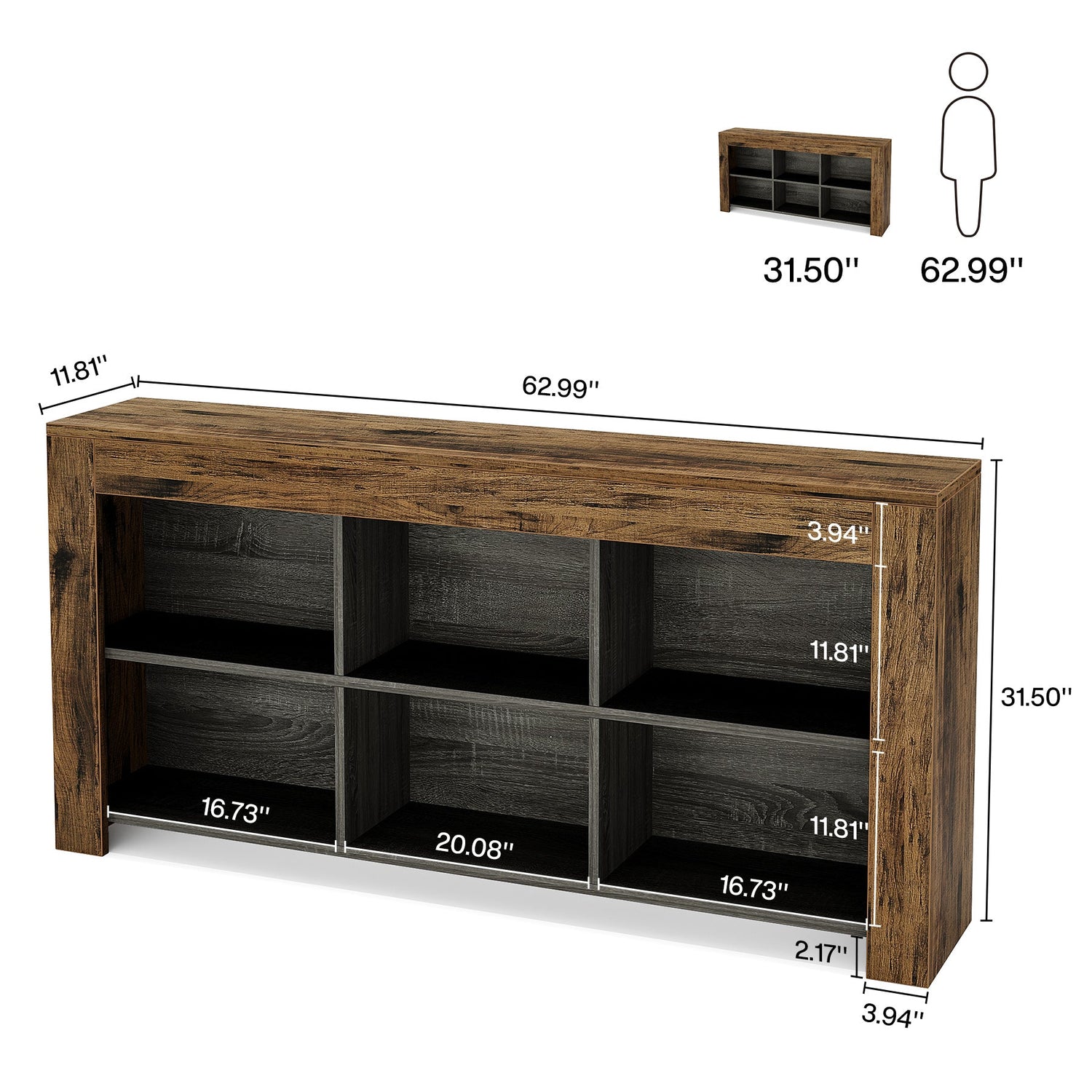 Wood Couch Table, Rustic Entrance Table with 6 Storage Cubes-Tribesigns