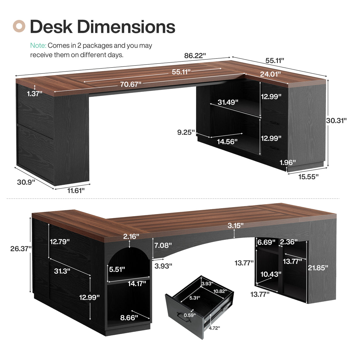 87" L-Shaped Executive Desk, 3 Drawers & Storage Cabinet, Modern Home Office Desk