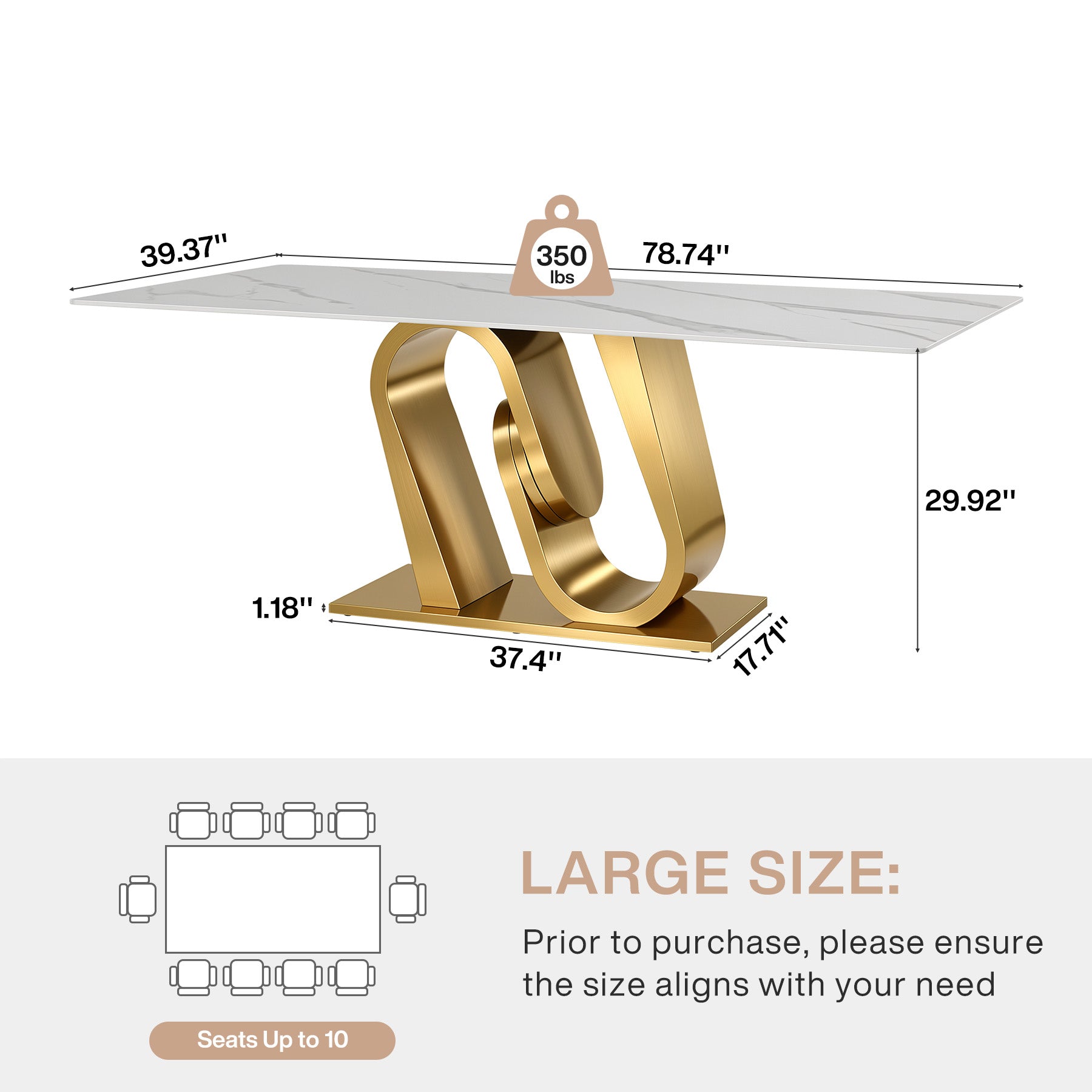78.7" Sintered Stone Dining Table, Luxury Rectangular Kitchen Table for 8-10
