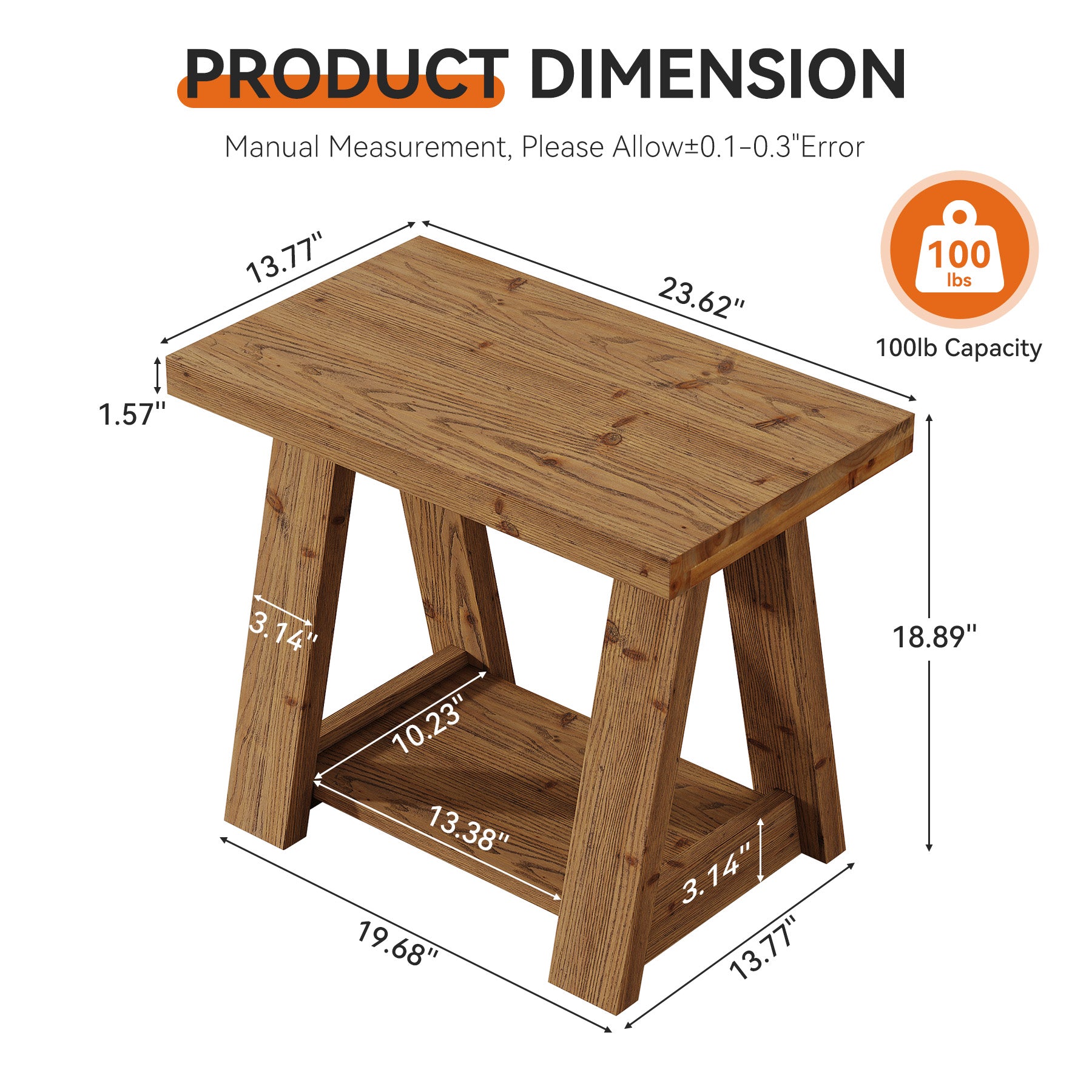 Tribesigns 23.6 Inch 2-Tier Side Table, Solid Wood Rectangle End Table with Storage Shelves for Living Room
