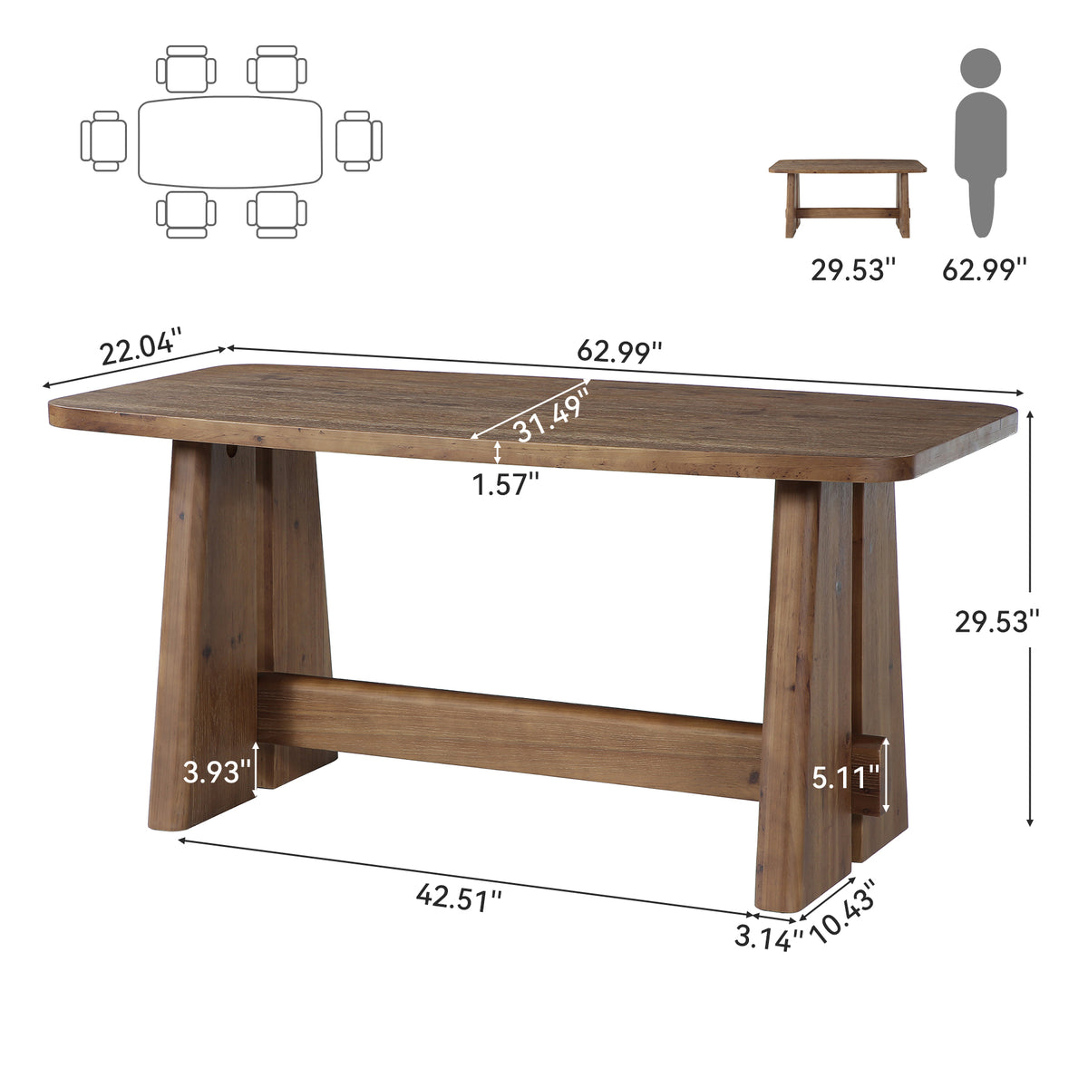 63" Farmhouse Solid Wood Dining Table for 4-6, Thick Top, Rectangular Kitchen Table