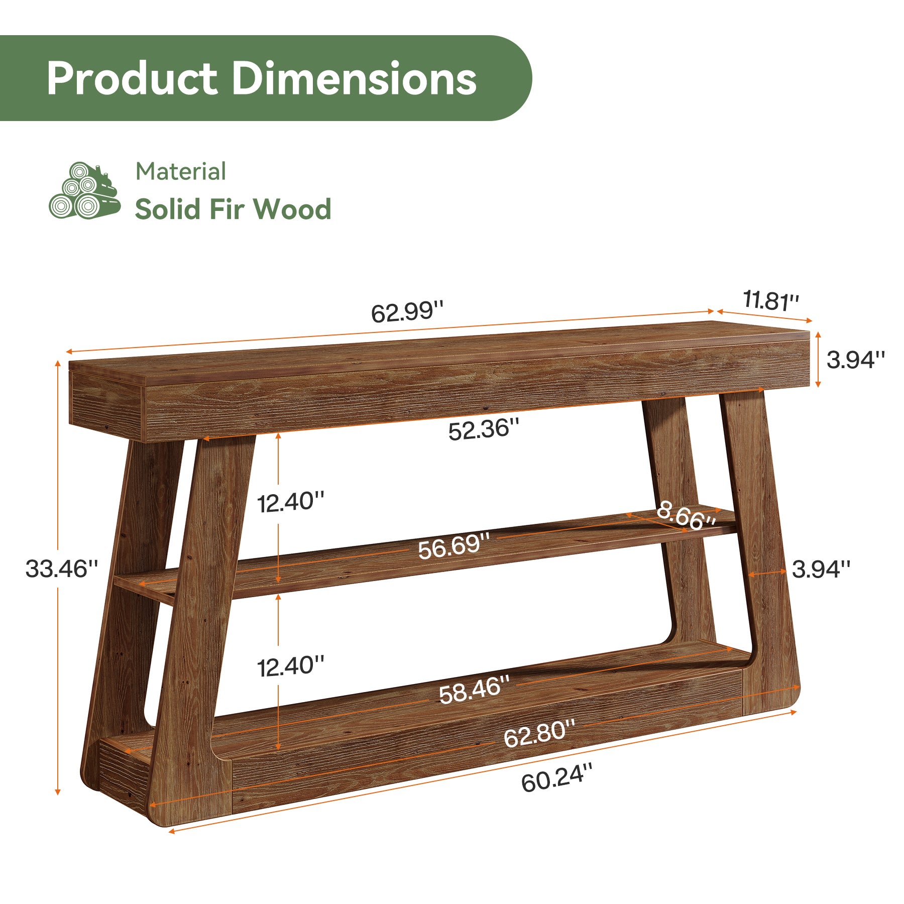 63" Solid Wood Console Table, 3-Tier Sofa Entryway Table with A-Shaped Frame for Hallway