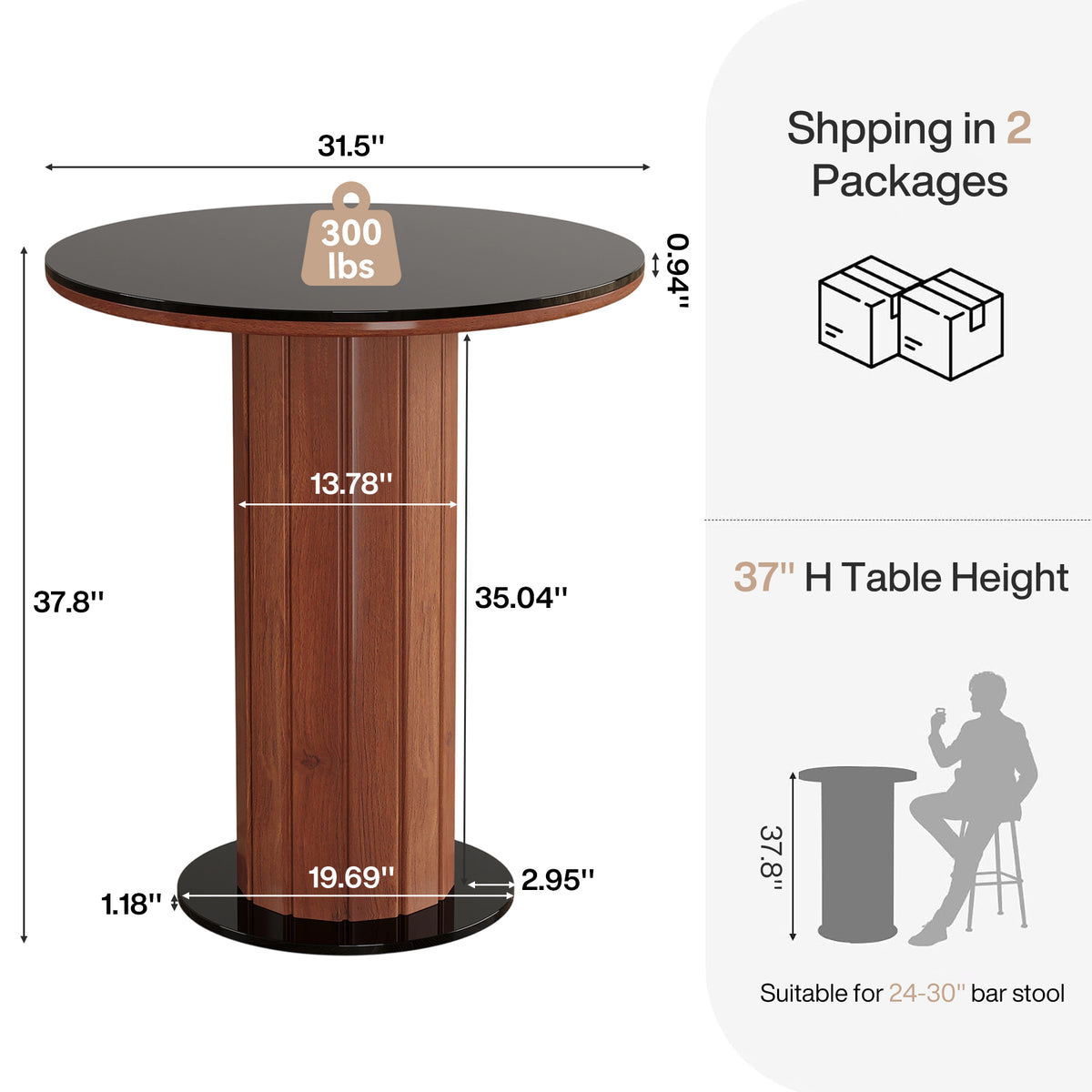 37.8" H Round Bar Table with Tempered Glass Top, Modern Pub Table with Fluted Pedestal Base