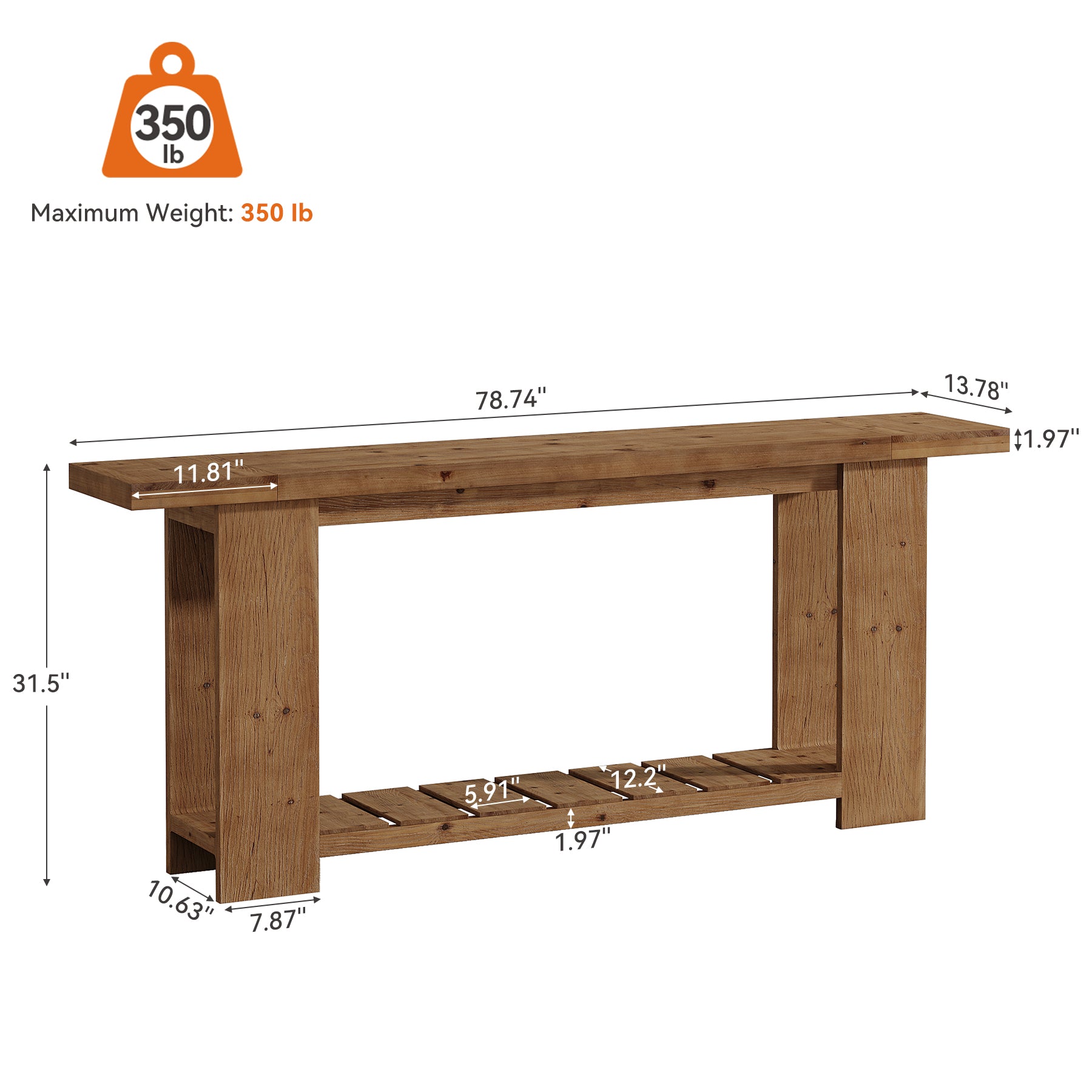 79" Solid Wood Console Table, Farmhouse Sofa Entryway Table with 2-Tier Storage