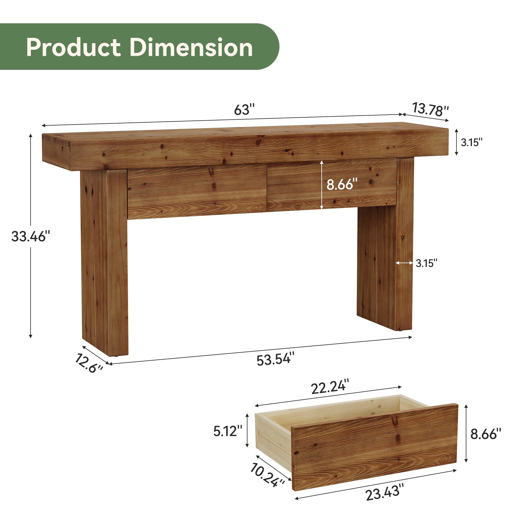Solid Wood Console Table with 2 Drawers, 63" Farmhouse Entryway Sofa Table Behind Couch