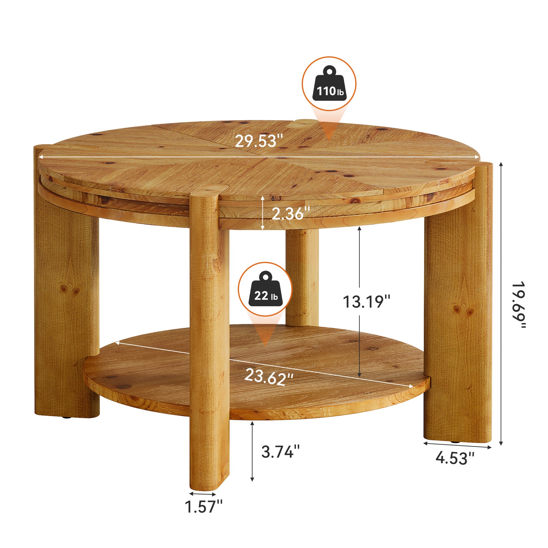 29.5" Round Coffee Table, Farmhouse Solid Wood Accent Center Tables with Shelf