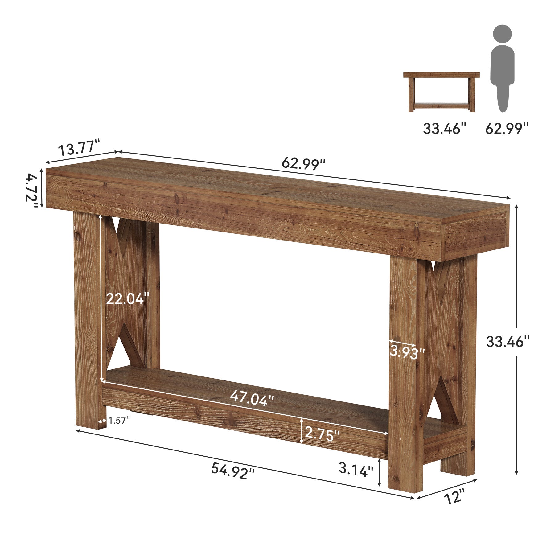63" Solid Wood Console Table, 2-Tier Entryway Sofa Table with X-Shaped Support Frame