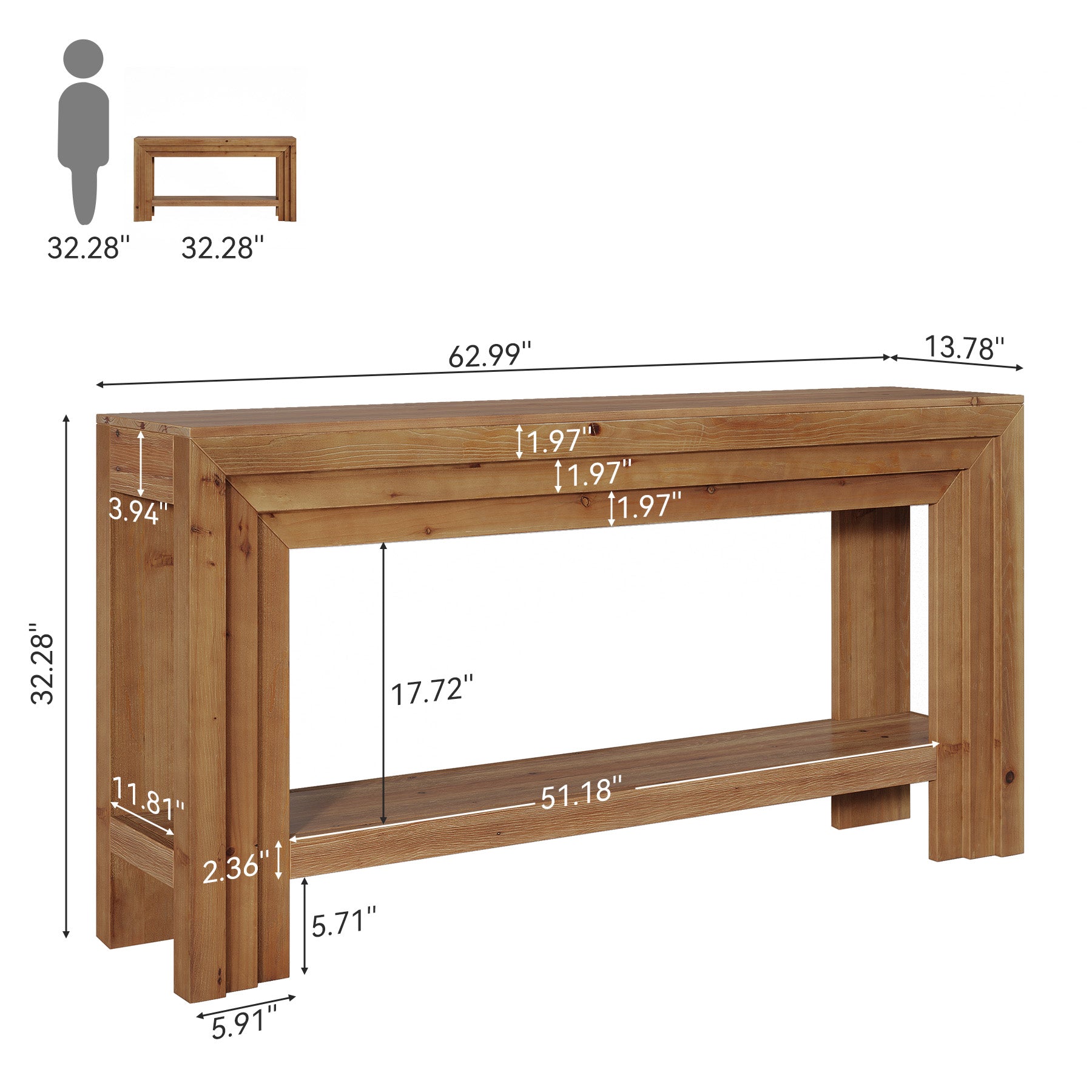 63" Solid Wood Entryway Console Table with 2-Tier Shelf, Farmhouse Sofa & Hallway Table with Dimensional Linear Frame