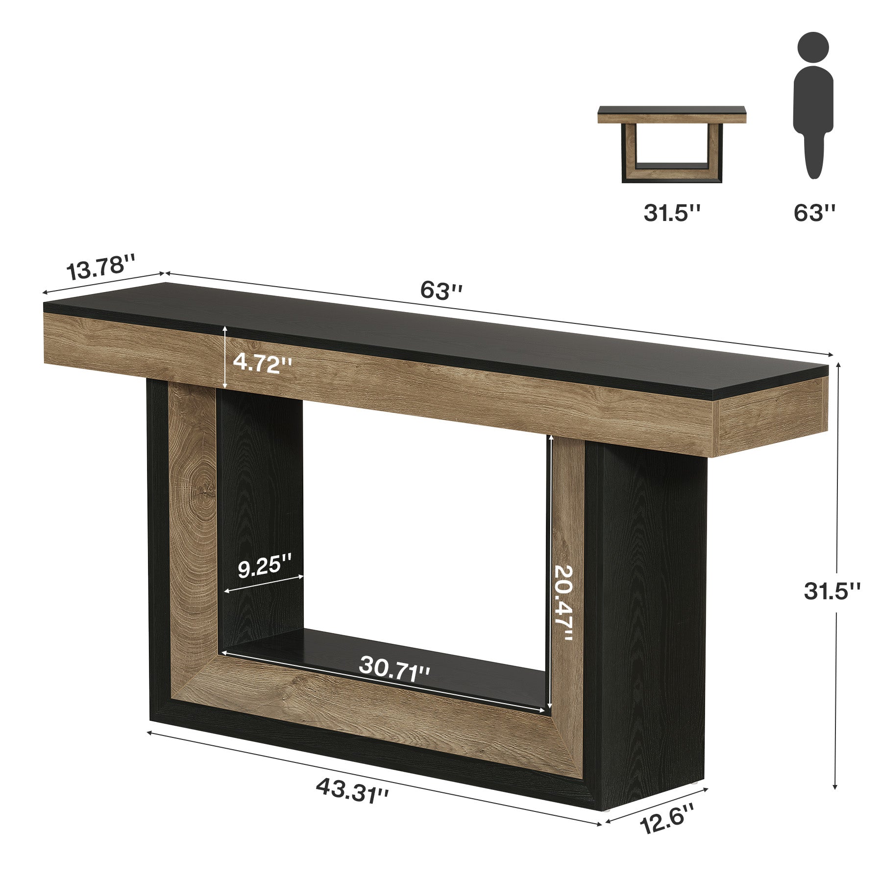 63" Console Table with U-Shaped Base, 2-Tier Narrow Sofa Table for Entryway