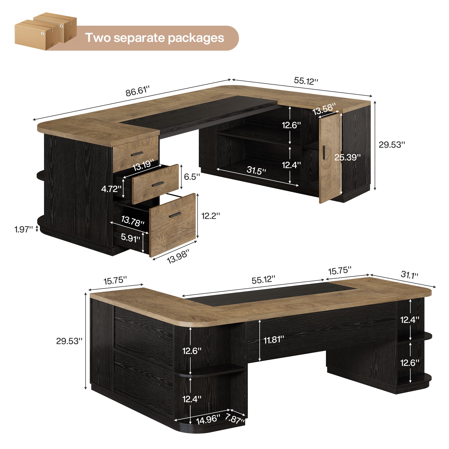 86.6" L-Shaped Executive Desk, Large Computer Desk with Drawers & 55" File Cabinet