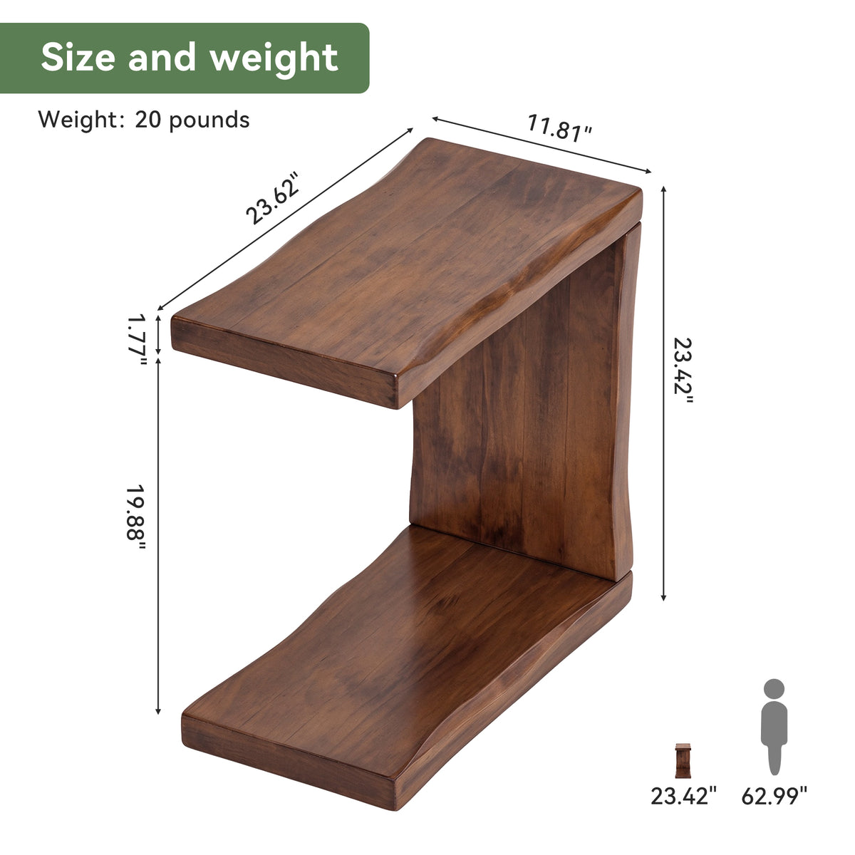 C-Shaped Solid Wood End Table with Live Edge, Sofa Side Table with 2-Tier Storage