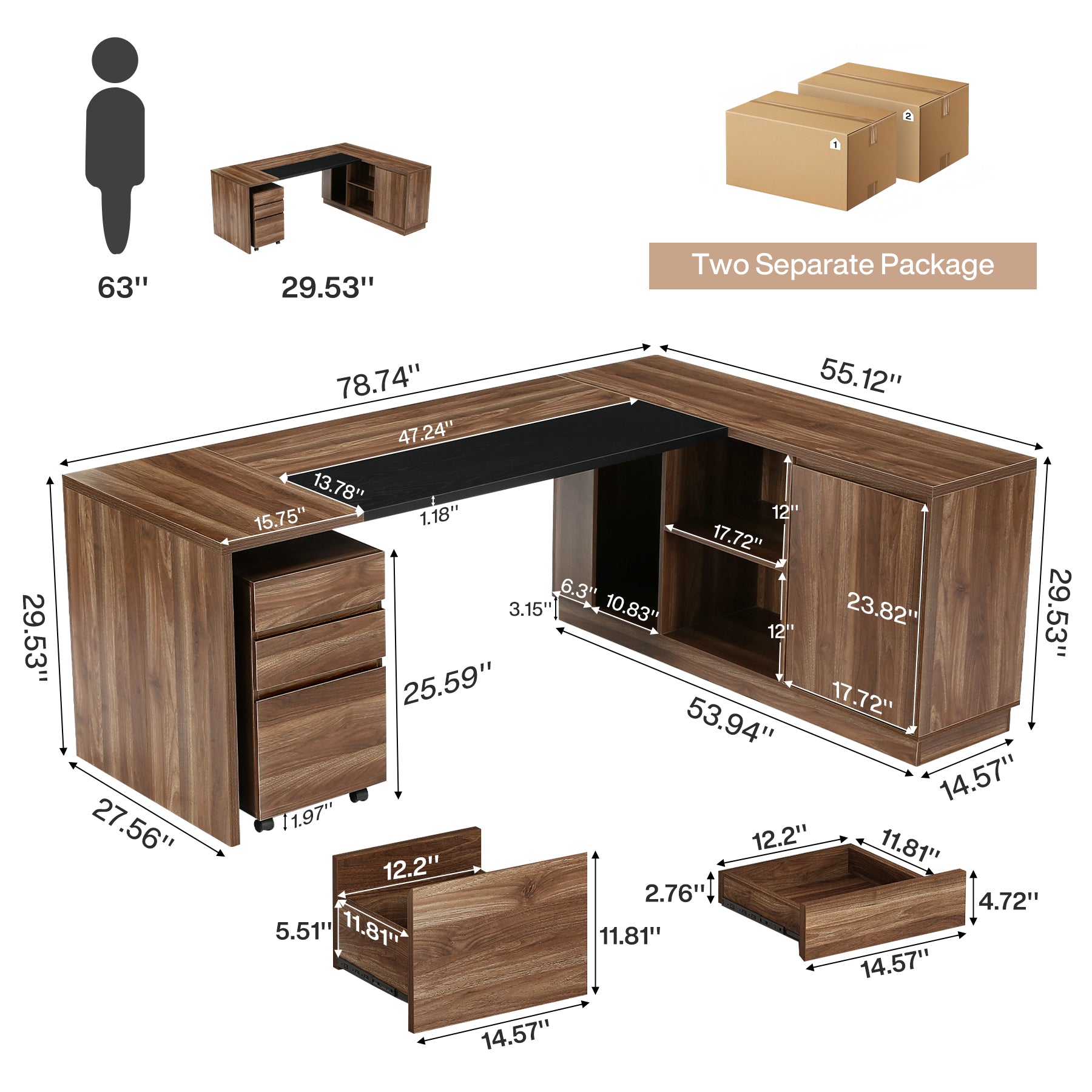 78.7" L-Shaped Executive Desk, Large Office Desk with Mobile Filing Cabinet
