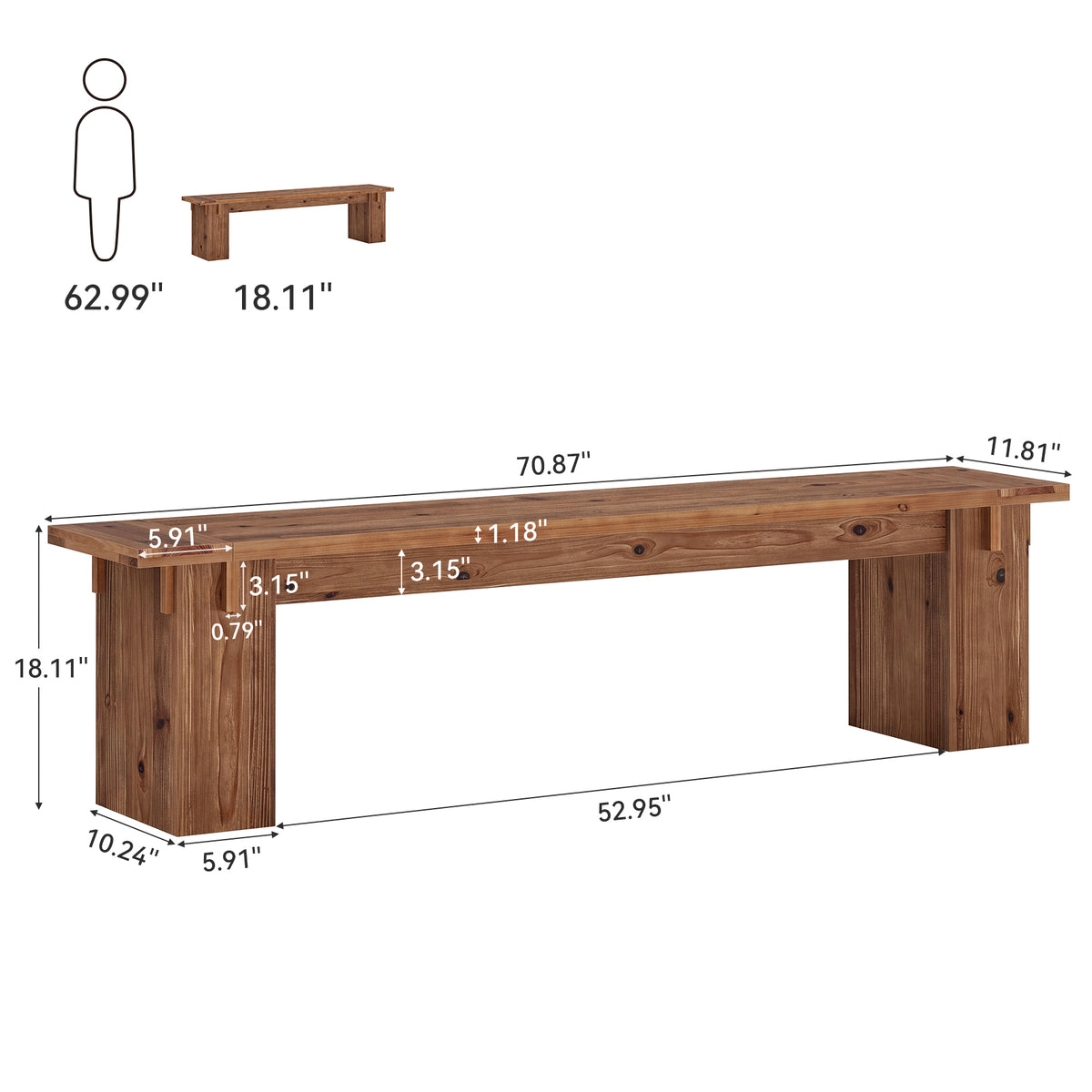 71" Farmhouse Solid Wood Dining Bench with Thick Legs, Kitchen & Dining Room Bench