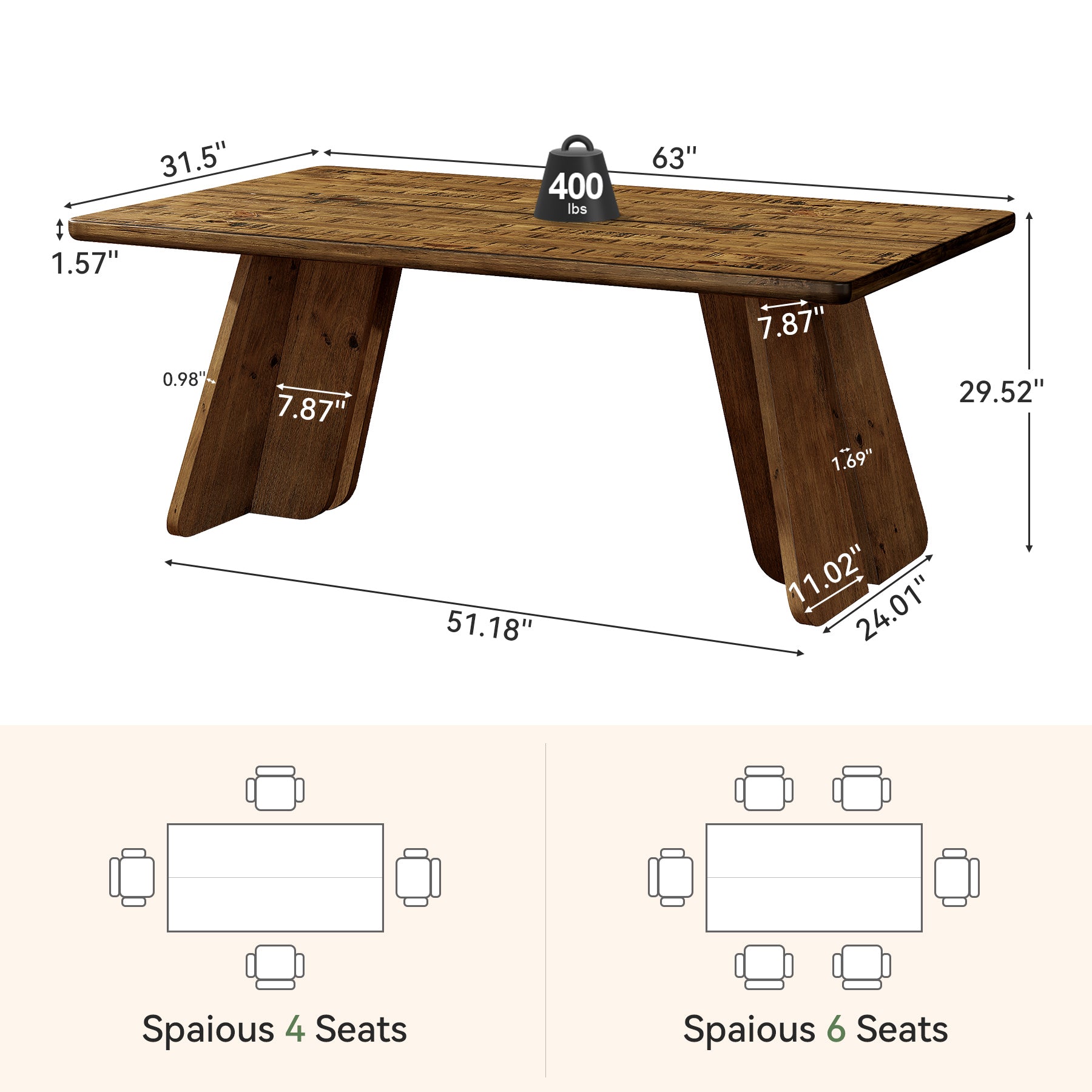63" Solid Wood Dining Table for 4-6, Farmhouse Kitchen Table with Sturdy Legs