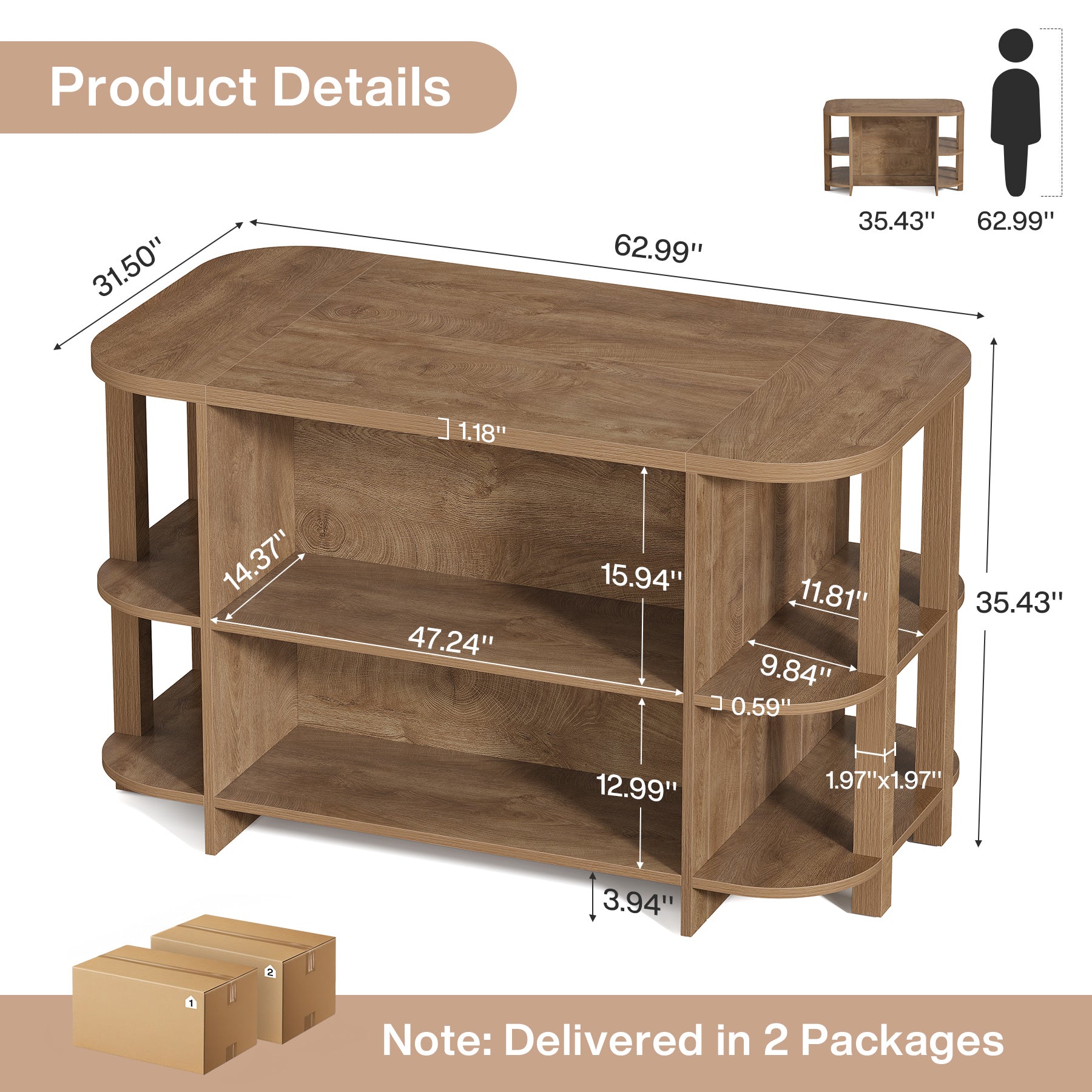63" Farmhouse Kitchen Island, Counter Height Bar Table with 3-Tier Storage