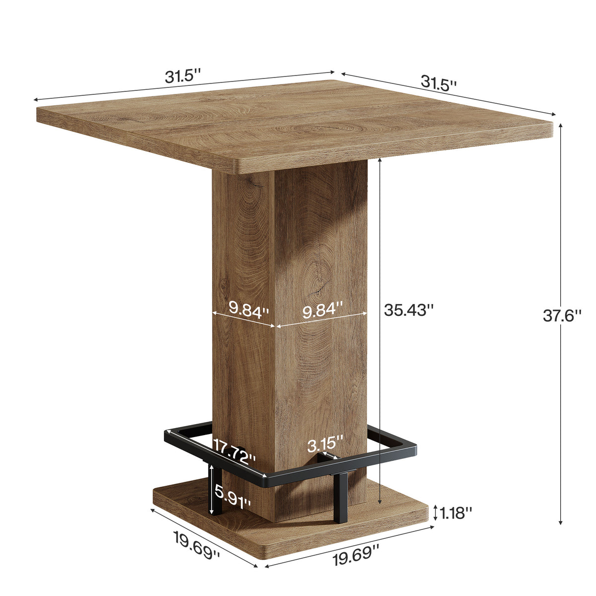 31.5" Square Bar Table, Pedestal Base & Built-in Footrest, Pub Table Home Bar Kitchen