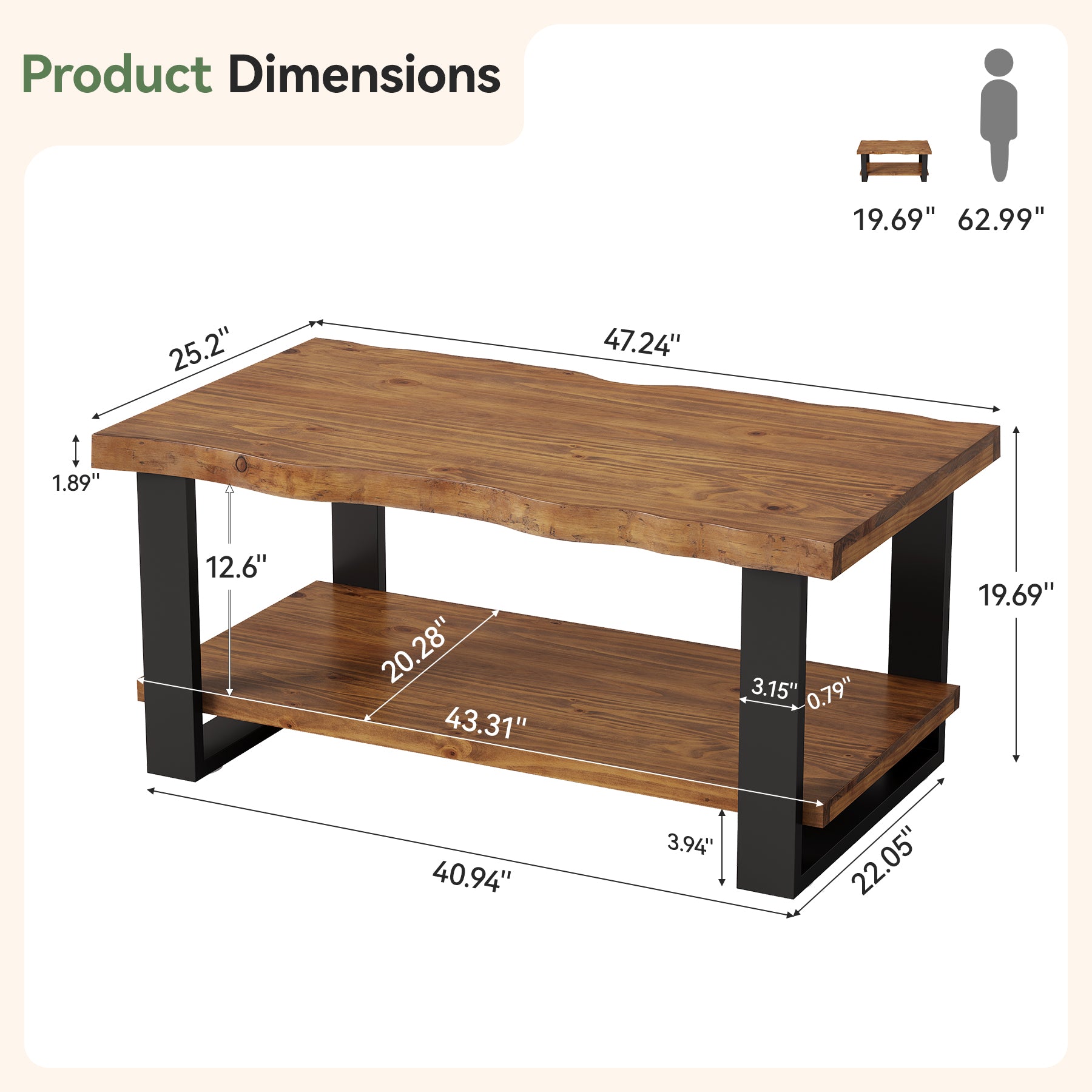 47" Solid Wood Coffee Table, 2-Tier Vintage Center Table for Living Room
