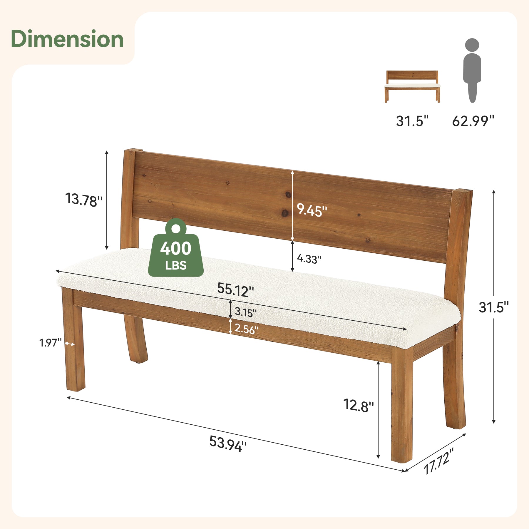55" Entryway Bench, Upholstered Storage Bench with Backrest for Hallway