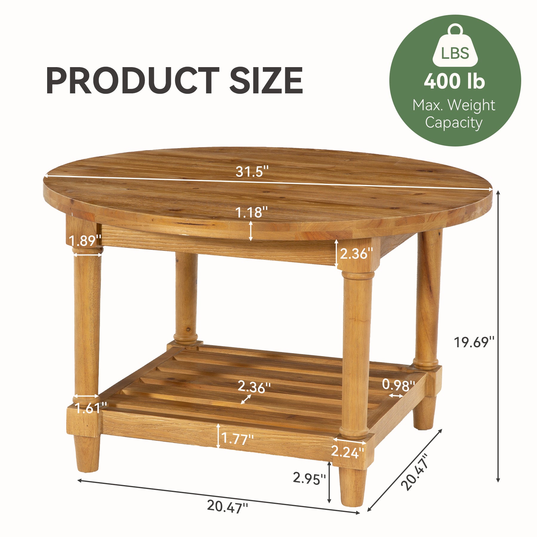 Solid Wood Round Coffee Table, 31.5" Center Table with 2-Tier Storage