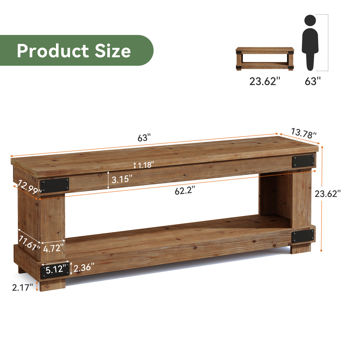 63" Solid Wood Entryway Bench, 2-Tier Shoe Storage, Industrial Hallway Bench