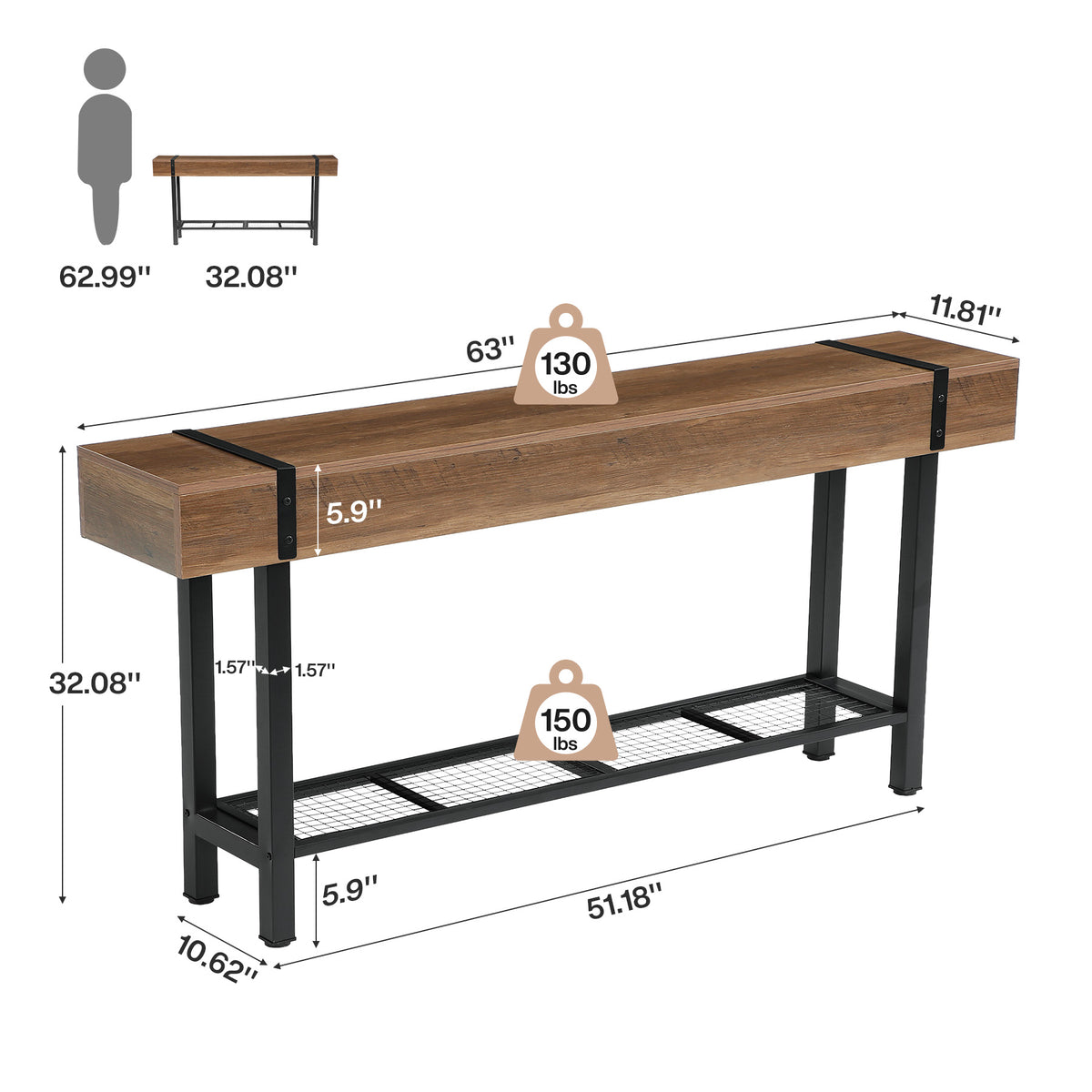 63" Console Table with Storage & Metal Base, Entryway Sofa Table, Hallway Living Room