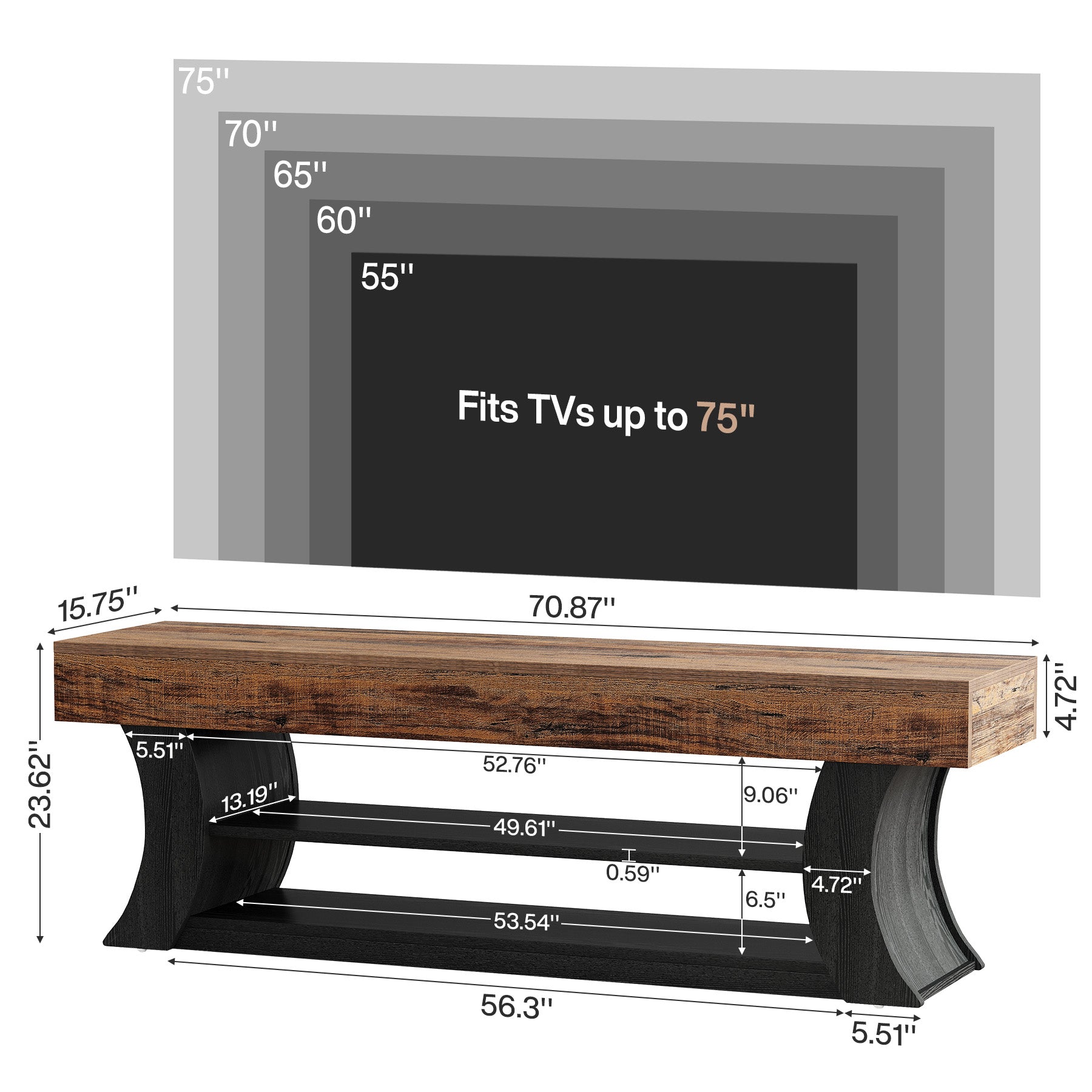 70.9" TV Stand for TVs up to 75", Entertainment Center Media Console with 3 Shelves