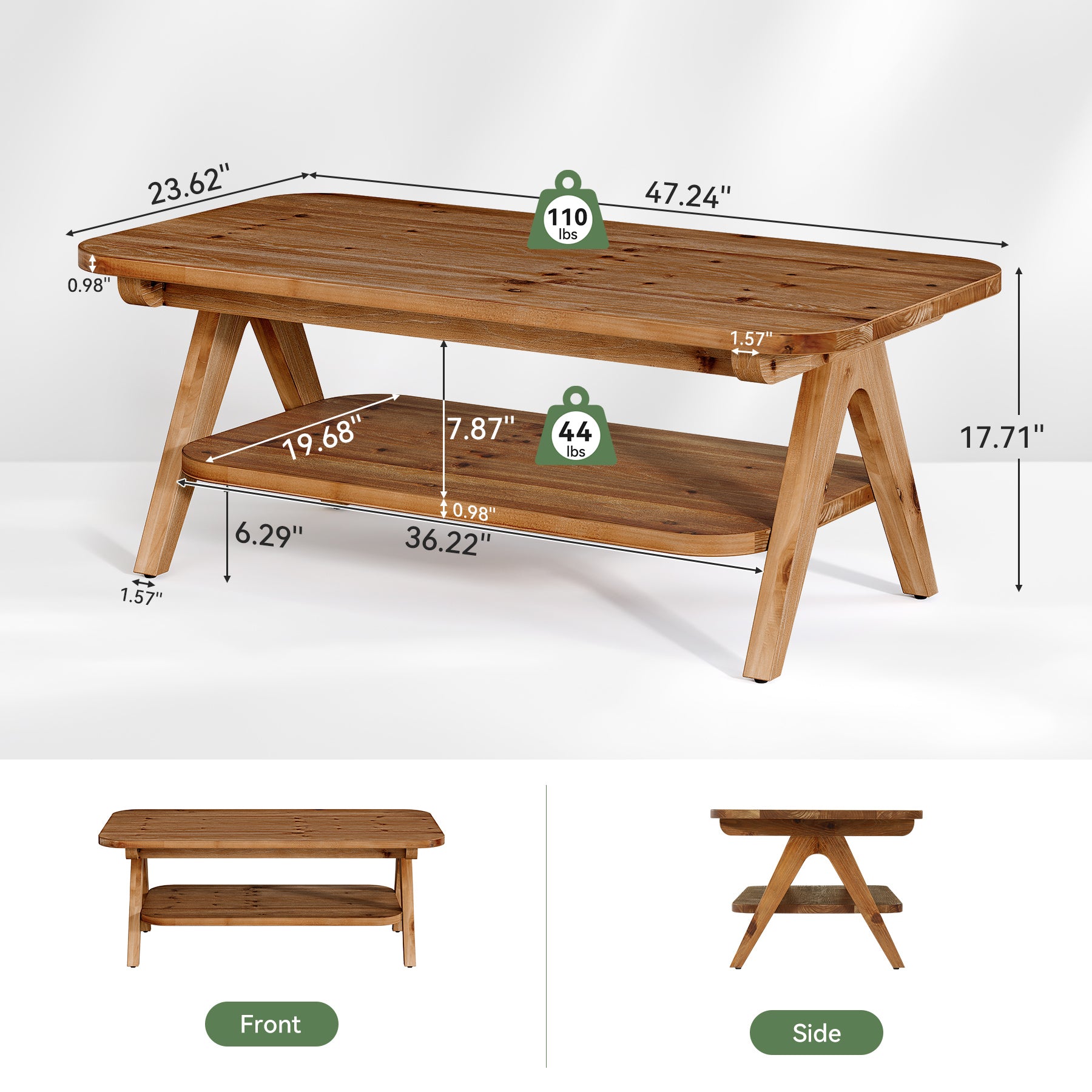 47" Coffee Table, Solid Wood 2-Tier Center Table with Storage Shelf