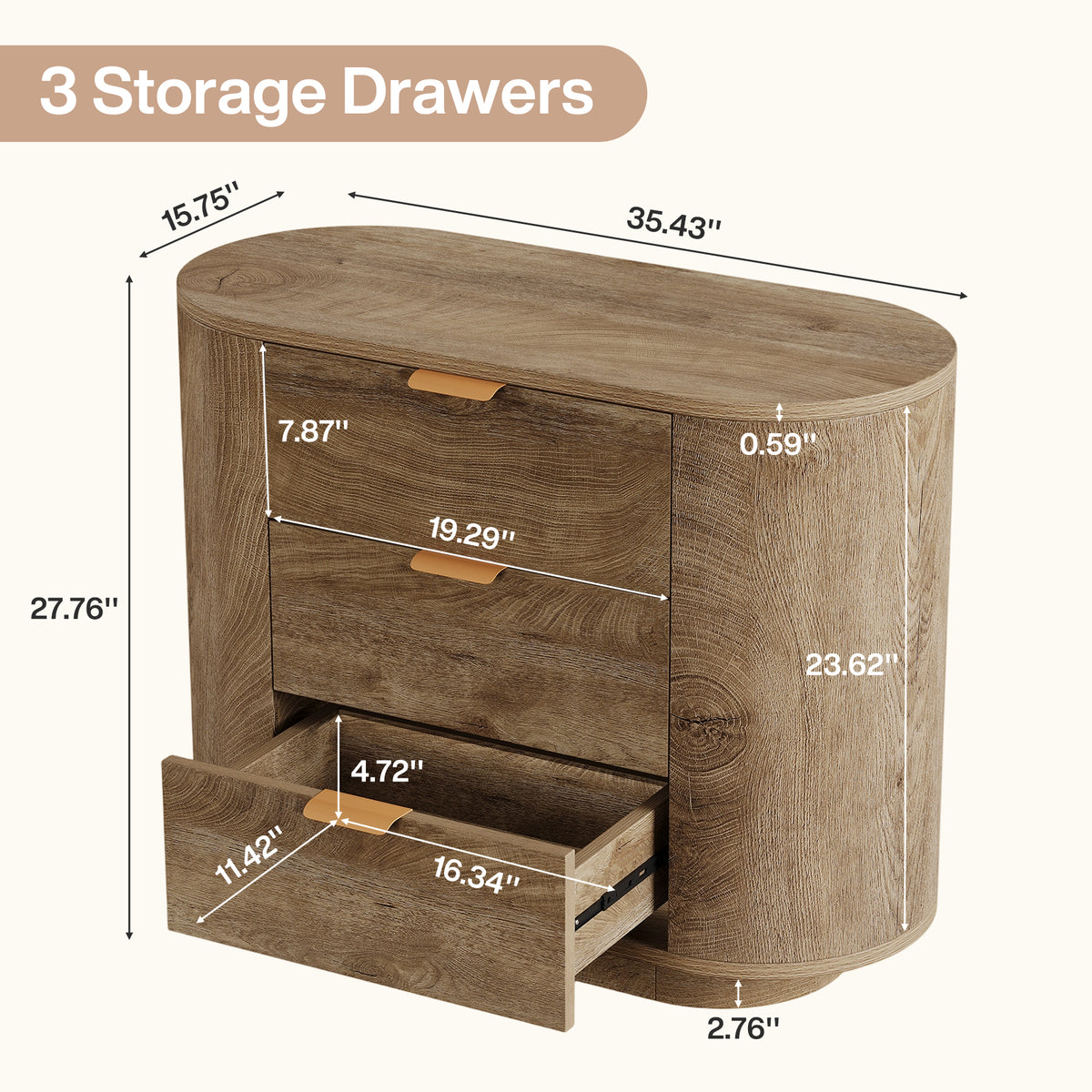 35" Oversized Nightstand with 3 Drawers, Modern Oak Finish Bedside Table