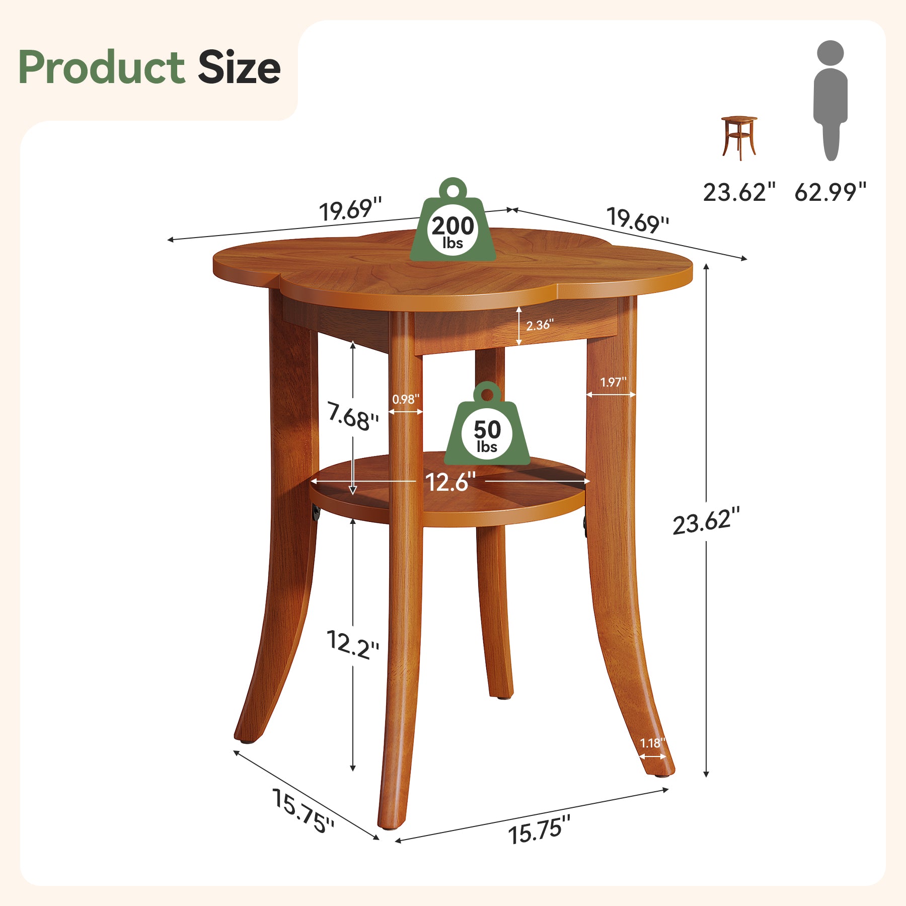 Solid Wood End Table, 2-Tier Sofa Side Table with Storage Shelf