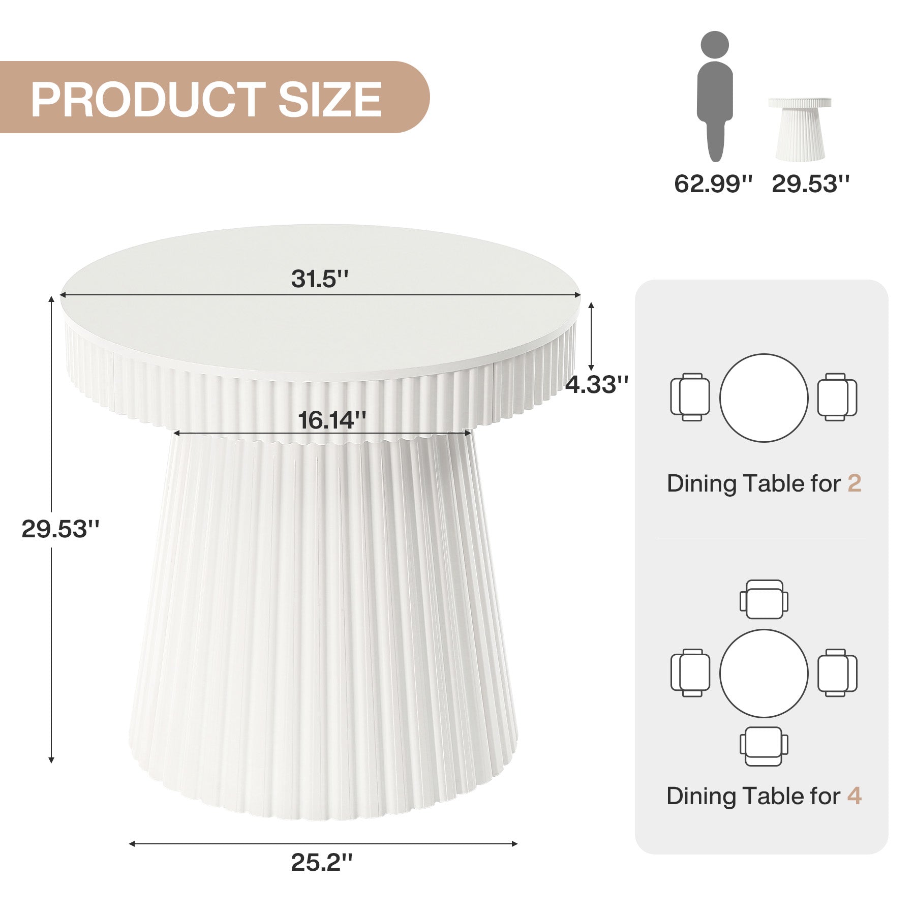 31.5" End Table, Round Bedside Table Nightstand with Fluted Pedestal
