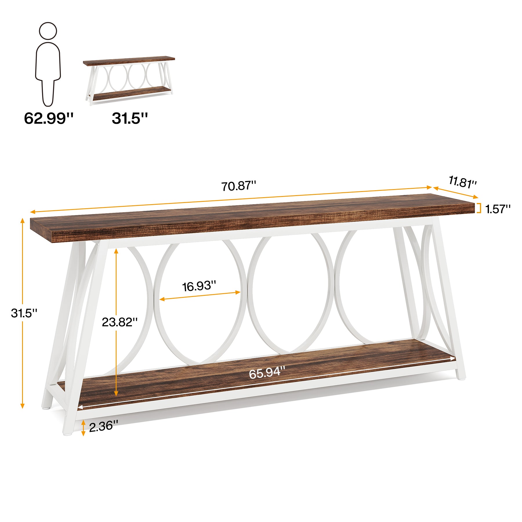 70.9" 2-Tier Industrial Console Table, Sofa Table with Shelves for Living Room or Entryway