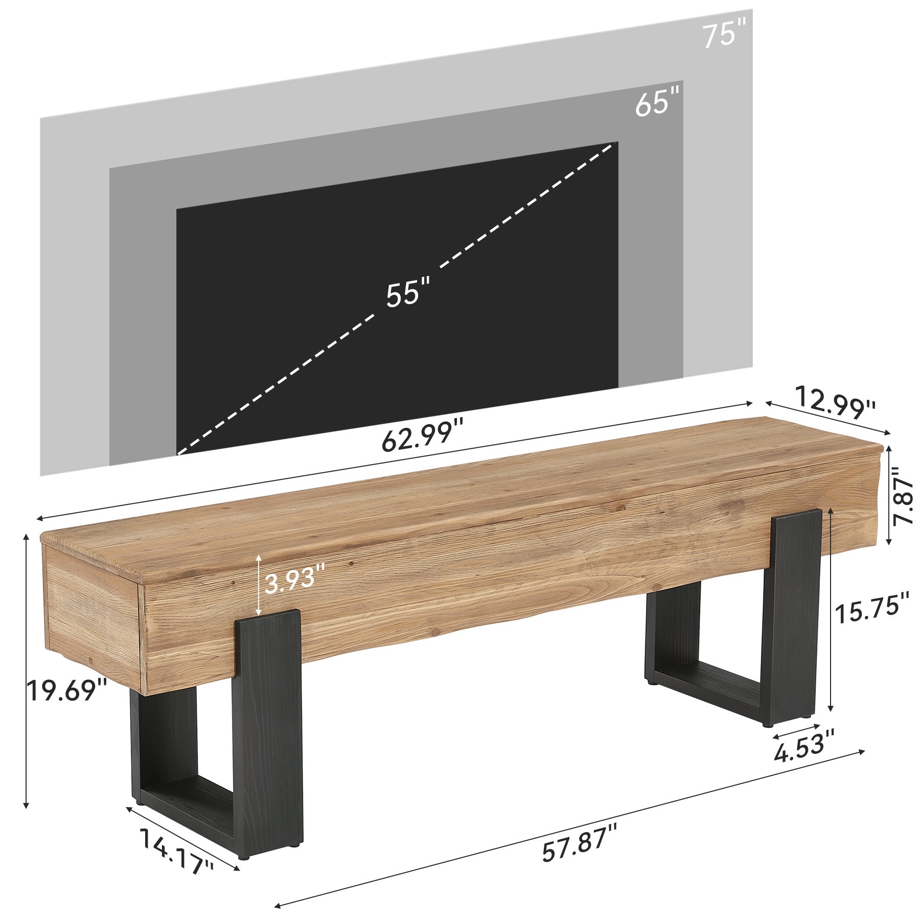 63" Solid Wood TV Stand, Farmhouse Entertainment Center for 55/60/65/75-Inch TVs