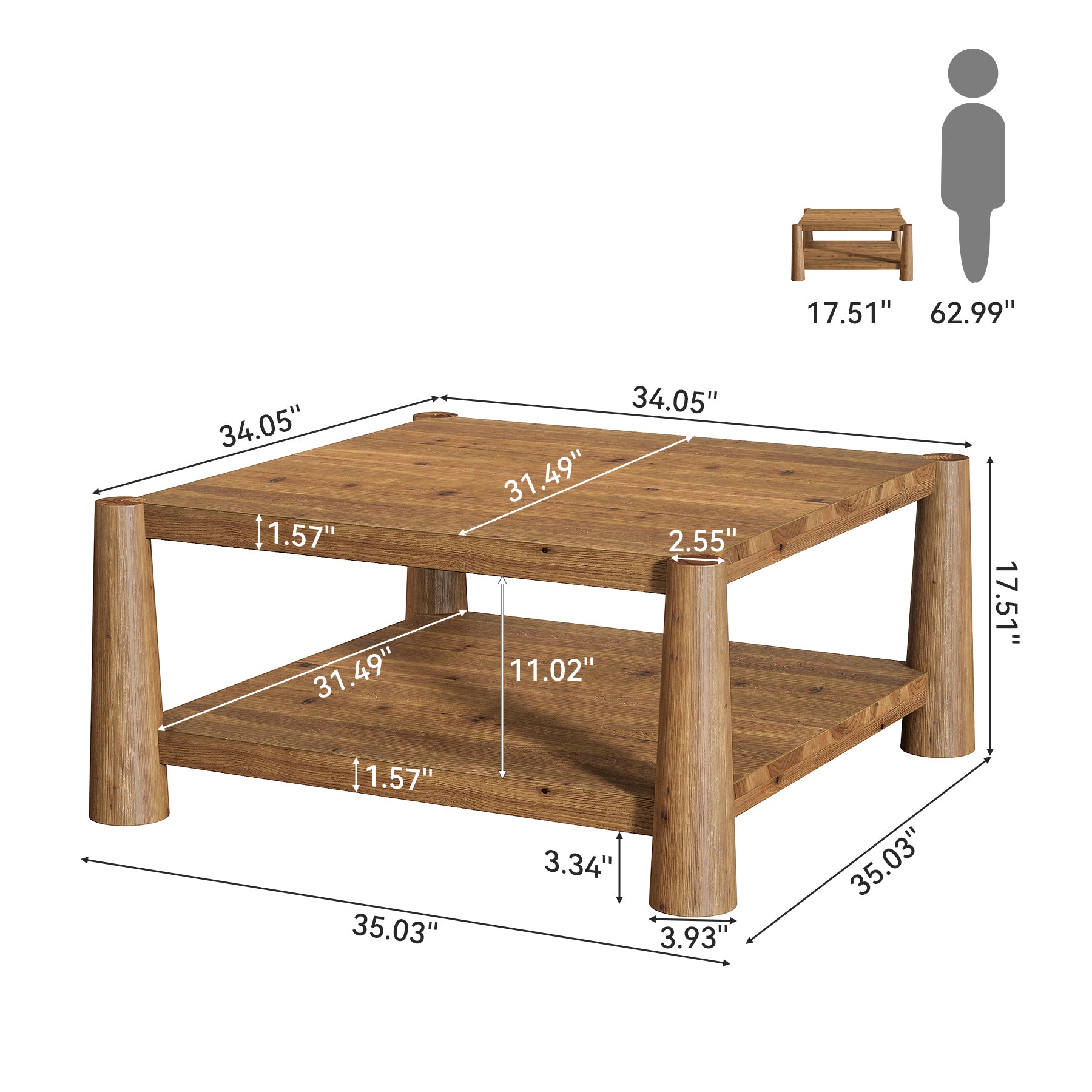 Square Solid Wood Coffee Table, 34" Farmhouse Center Table with 2-Tier Storage