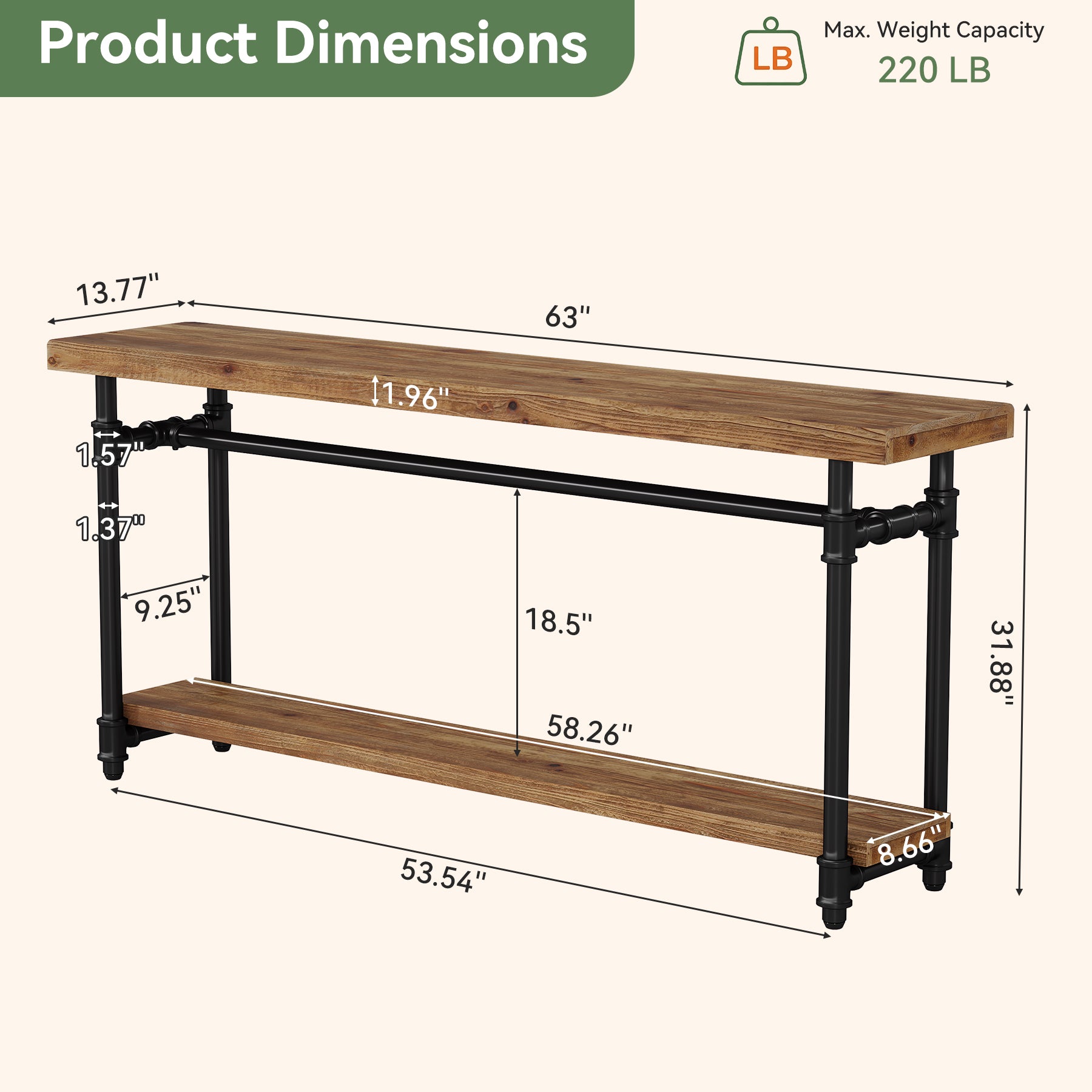 63" Solid Wood Console Table, Narrow Entryway Table with 2-Tier Storage & Metal Pipe Frame