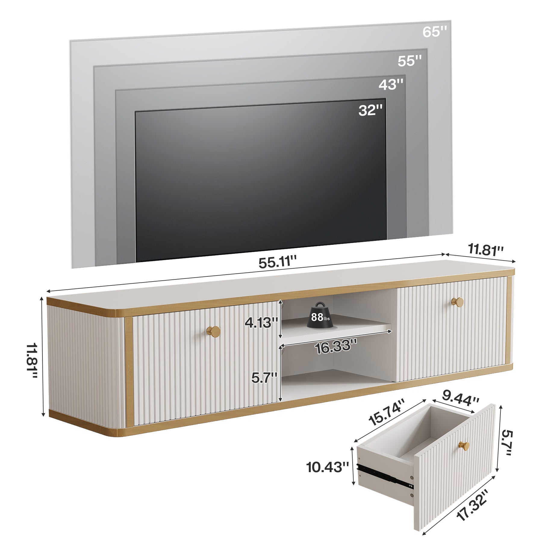 55" Floating TV Stand with 2 Drawers, Wall Mounted Entertainment Center for Living Room