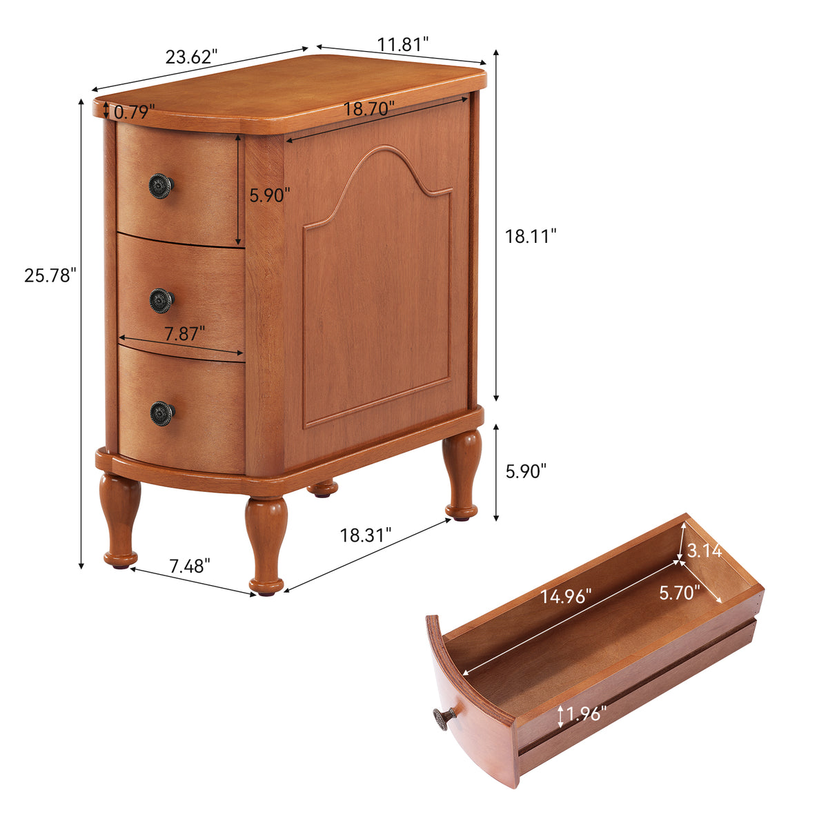 25.78 Inch Solid Wood End Table with 3 Drawers, Vintage Narrow Side Table