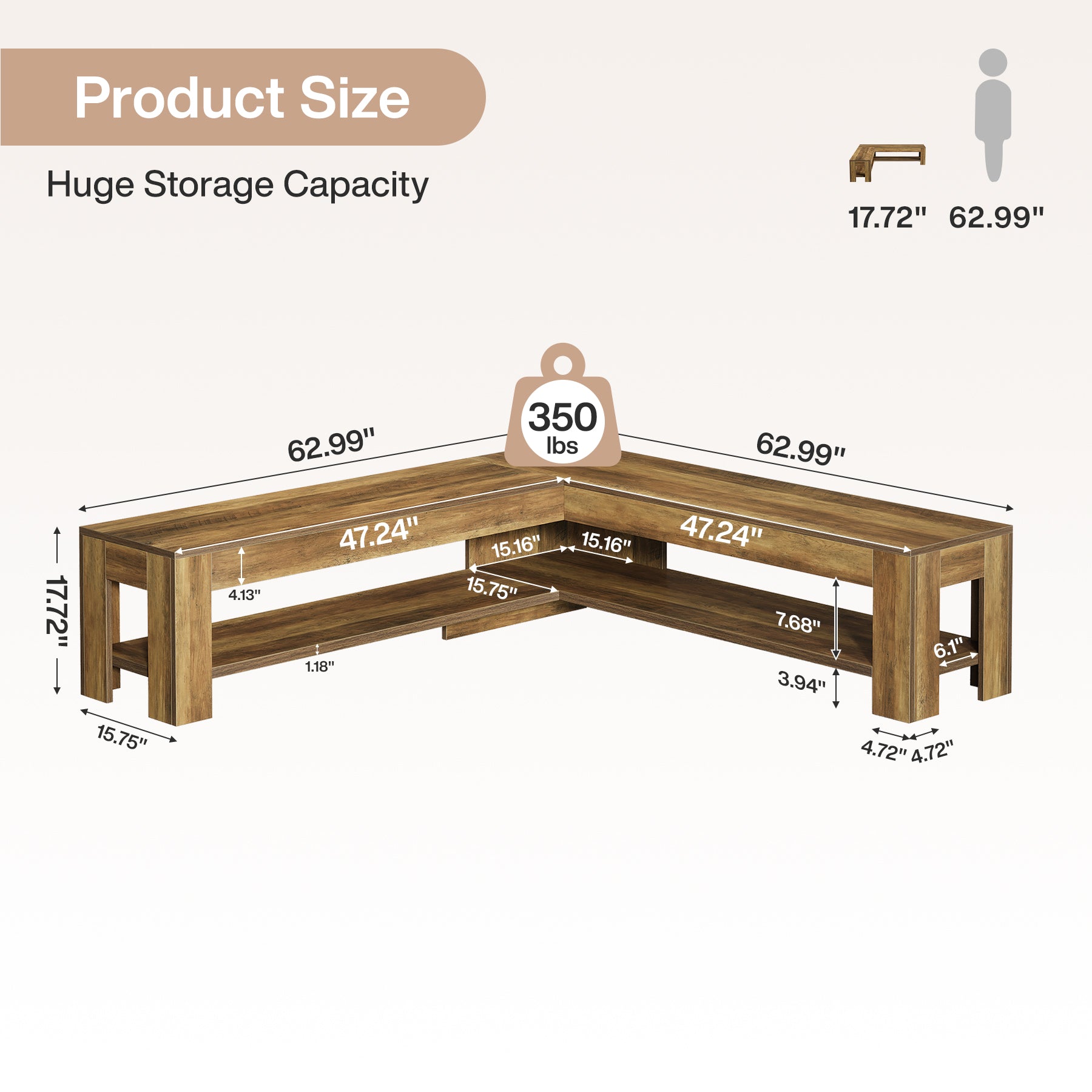 L-Shaped Bench, Corner Dining Nook Bench with Storage Shelf for Kitchen, Living Room
