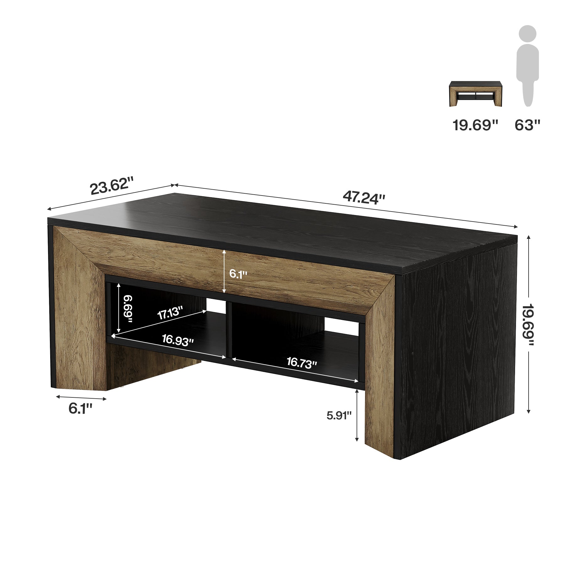 47" Modern Coffee Table, Rectangular Center Table with 2-Tier Storage