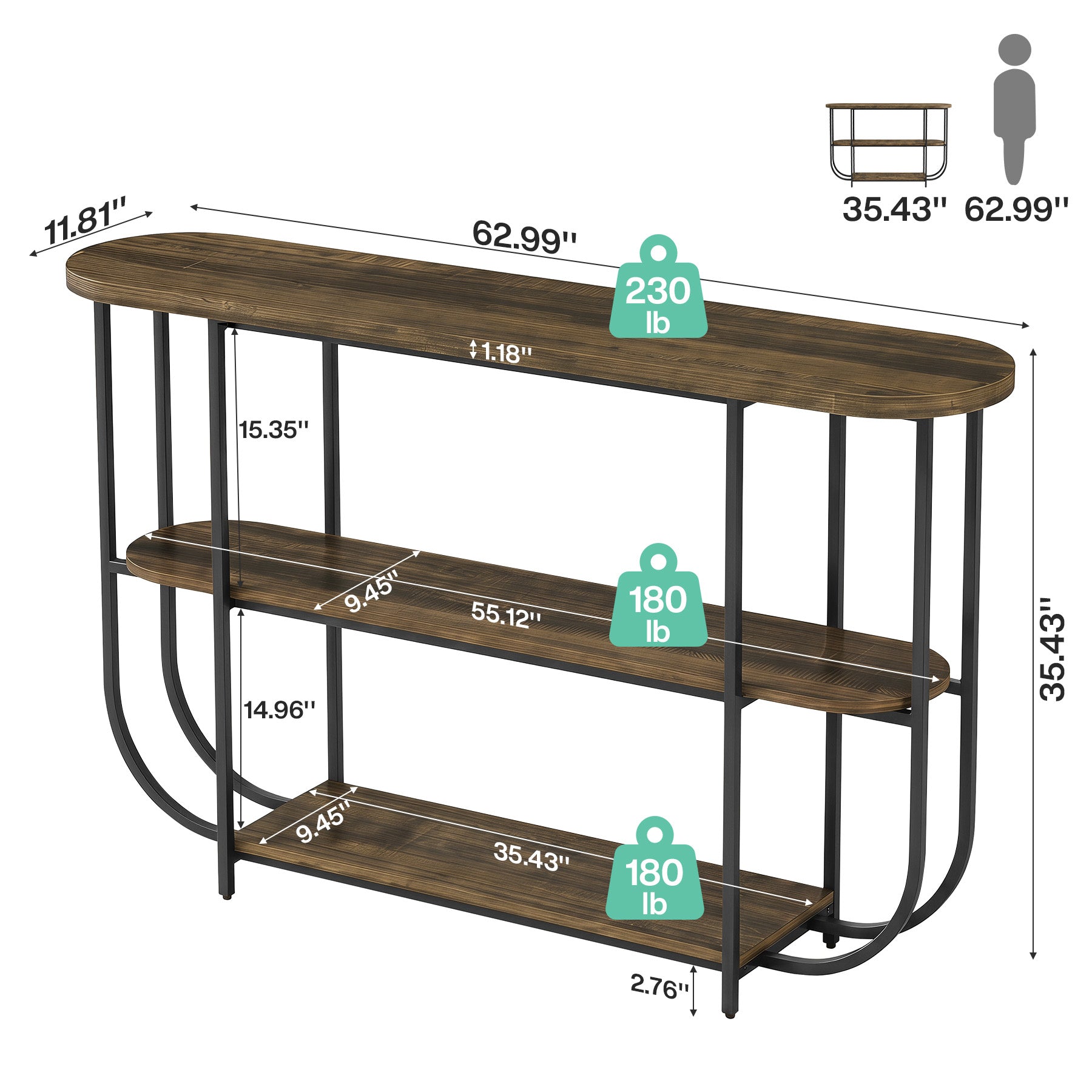 63" Console Table, 3-Tier Narrow Entryway Table with Curved Metal Frame
