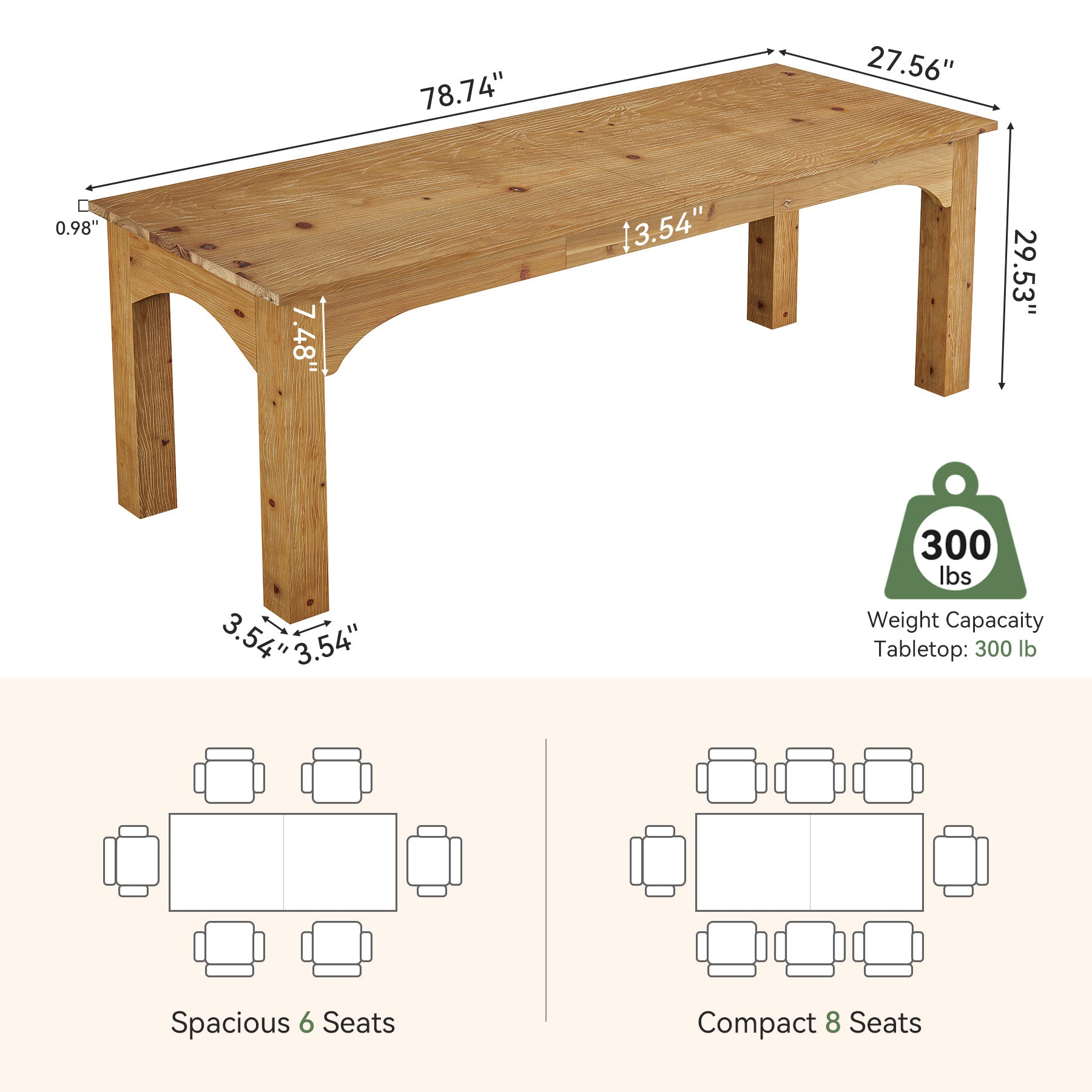 Solid Wood Dining Table, 78.7" Rectangular Kitchen Table for 6-8 People