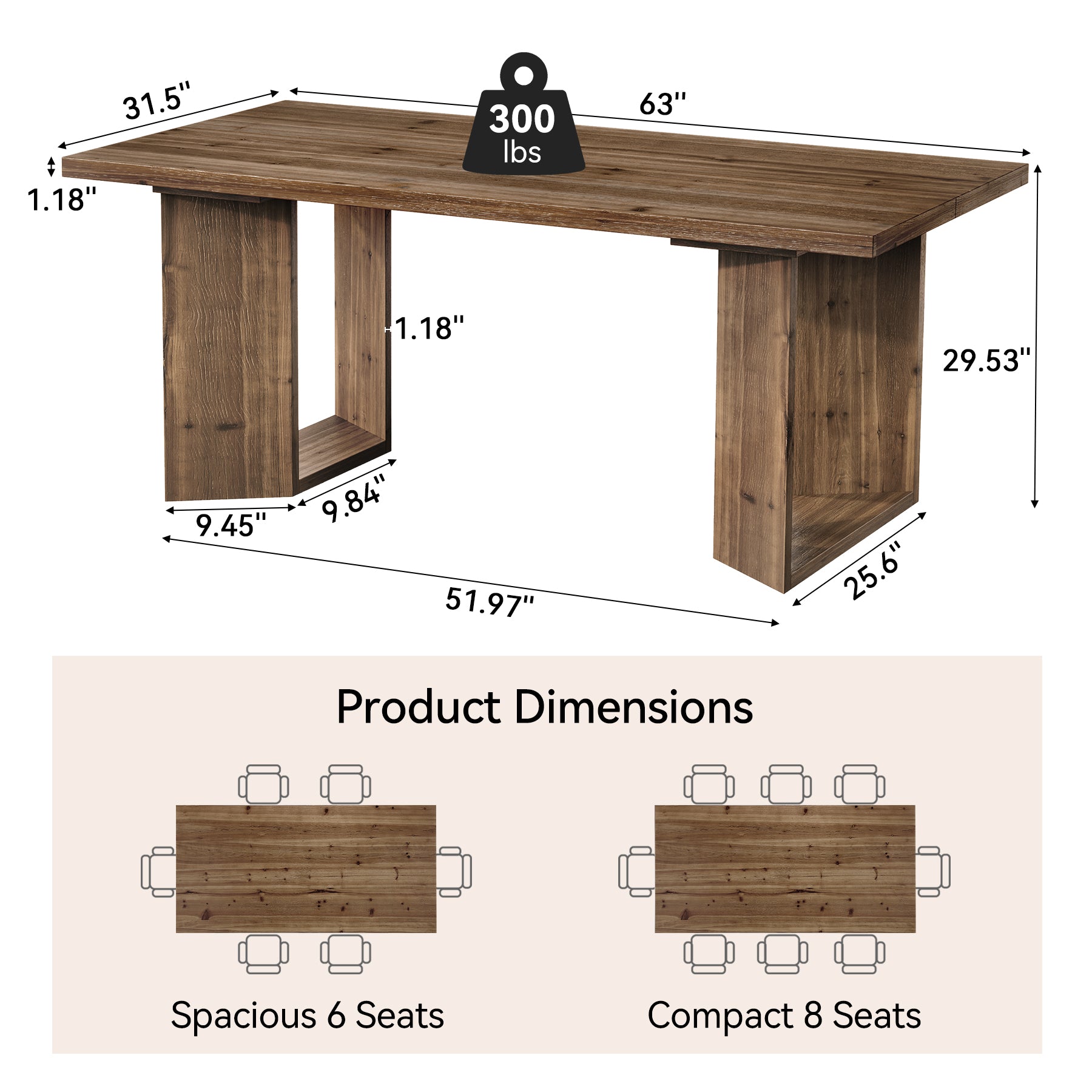63" Solid Wood Dining Table, Rectangle Kitchen Table with U-Shaped Frames for 4-6