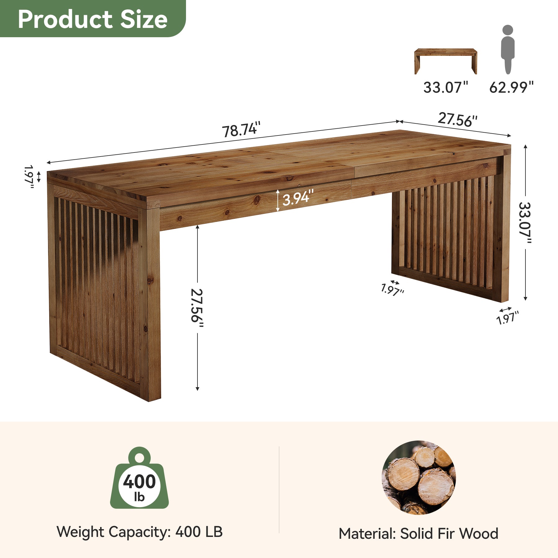78.7" Solid Wood 2-Person Desk, Large Computer Desk for Home Office