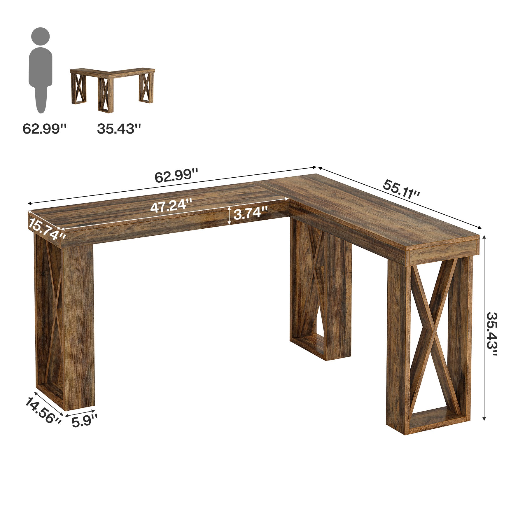L-Shaped Bar Table, 63" x 55" High Top Corner Dining Table Pub Table with X-Cutout Leg