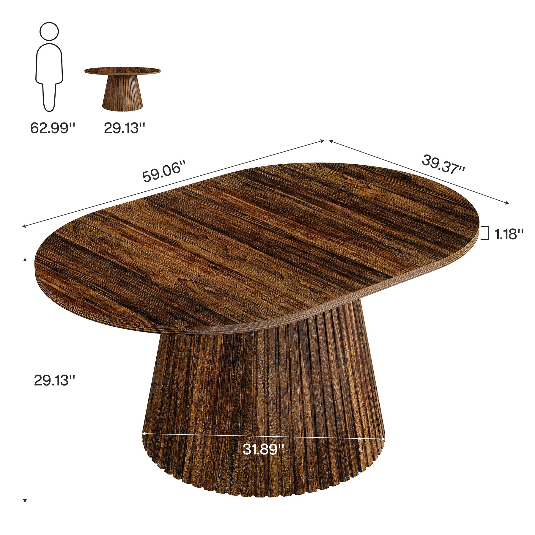 59" Oval Dining Table, Wooden Kitchen Dinner Table with Heavy Pedestal for 4-6 People