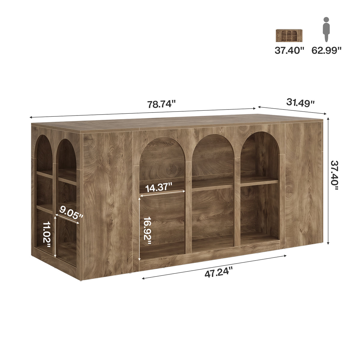 79" Kitchen Island Table with Seating Space, Farmhouse Arched Open Storage Shelves
