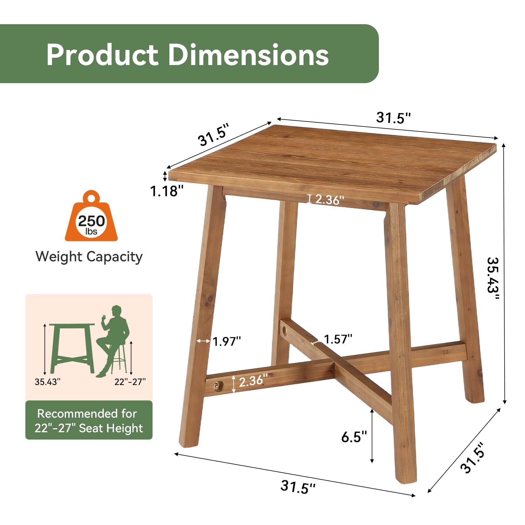 Solid Wood Bar Table, 31.5" Square Counter Height Pub Bistro Table with Footrest