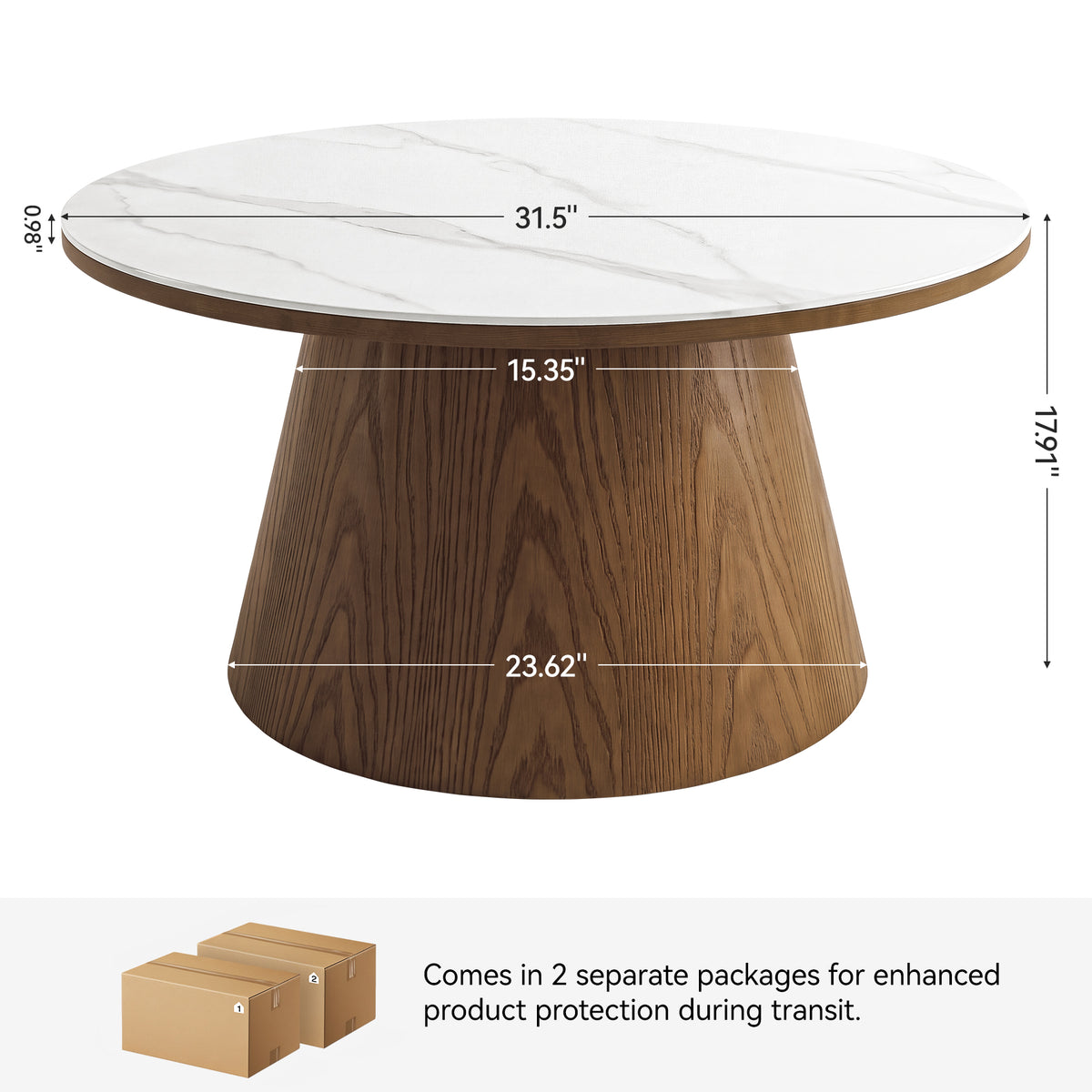 32" Round Coffee Table with Sintered Stone Top, Sculptural Solid Wood Pedestal Base