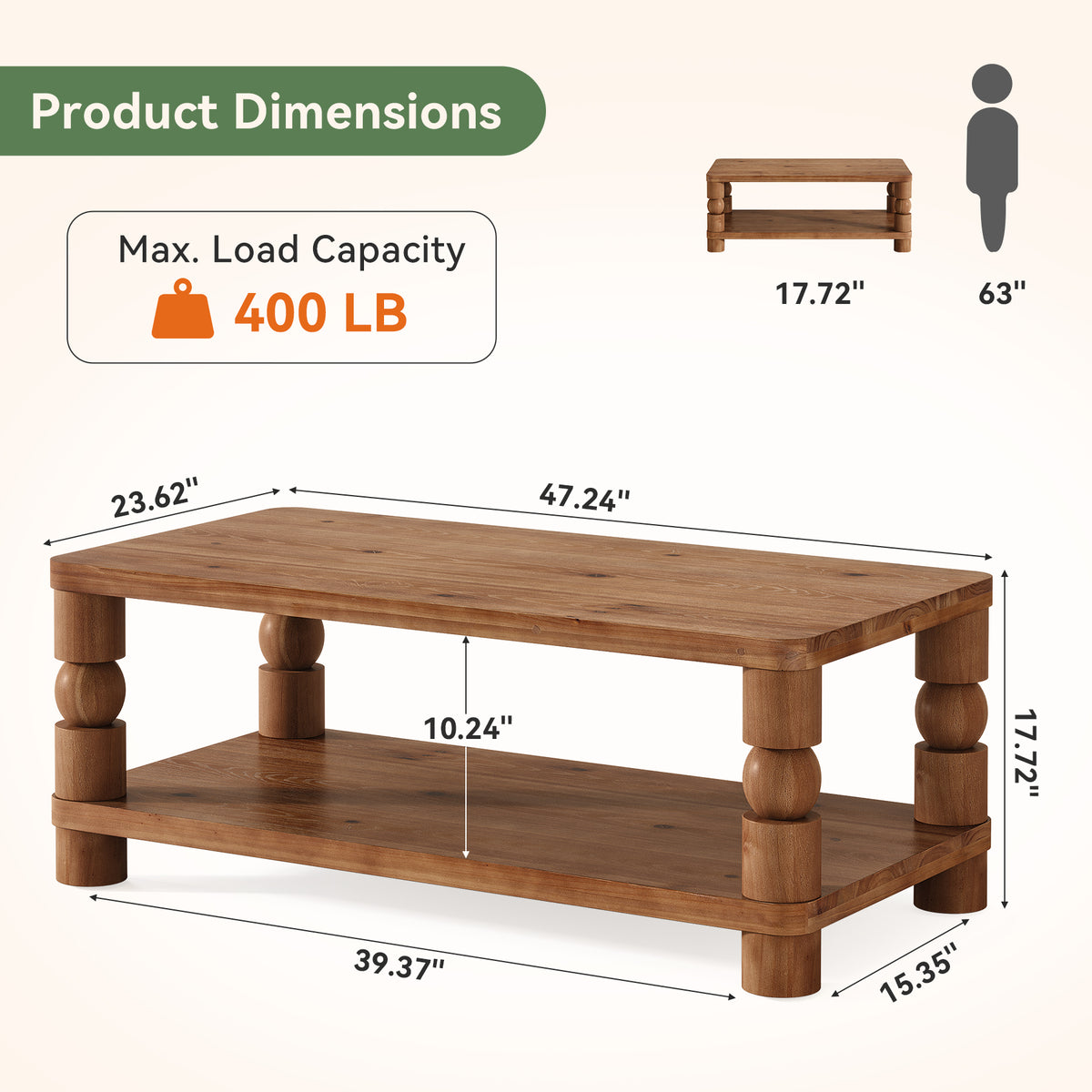47" Farmhouse Solid Wood Coffee Table, 2-Tier Storage, Living Room